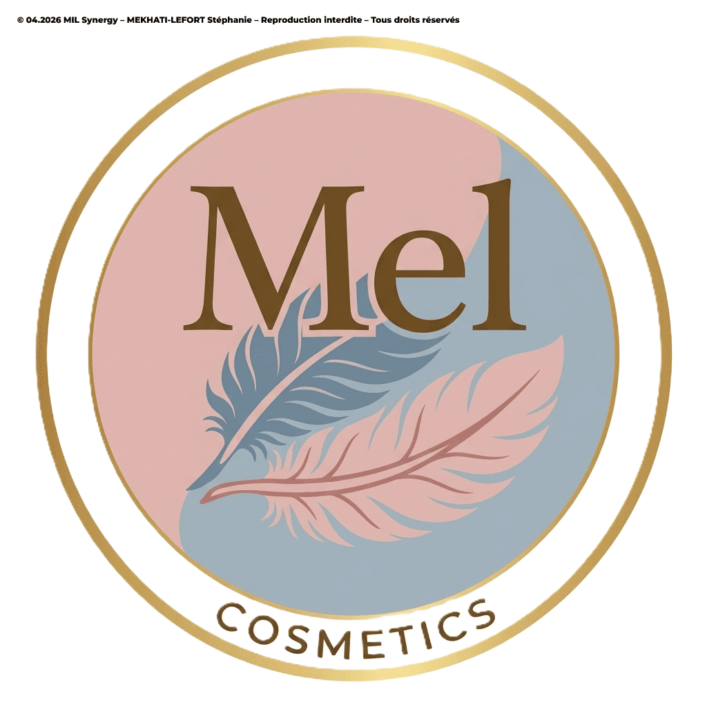 Logo pour cosmétique, créer par Stéphanie MEKHATI-LEFORT dirigeante de MIL Synergy. il est rond avec deux bordures dorés, au centre un fond divisé en deux un coté rose et l'autre bleu (un peu comme le Ying et le Yang) avec deux plumes.