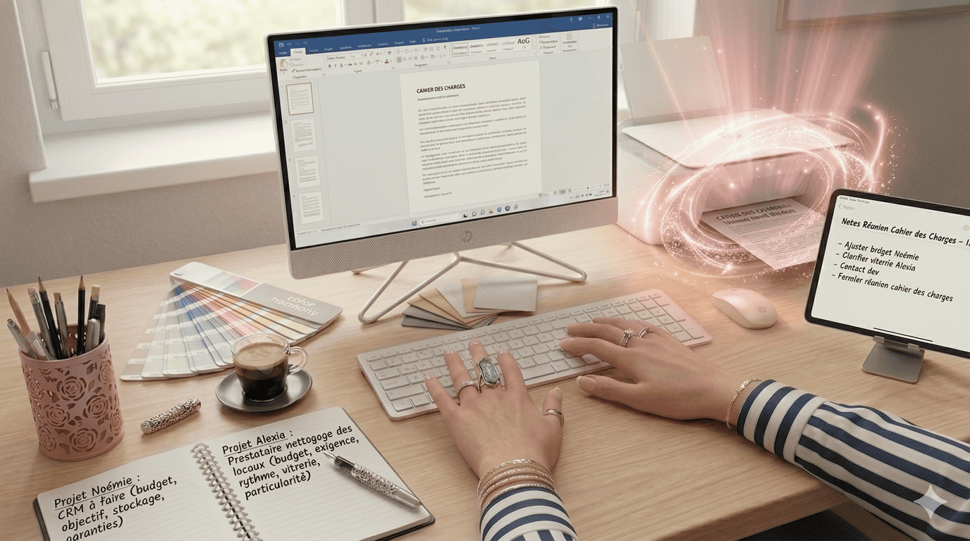 Un bureau clair, bien ranger Stéphanie MEKHATI-LEFORT entrain de saisir un cahier des charge à coté du PC une tablette avec ses notes. MIL Synergy la solution !