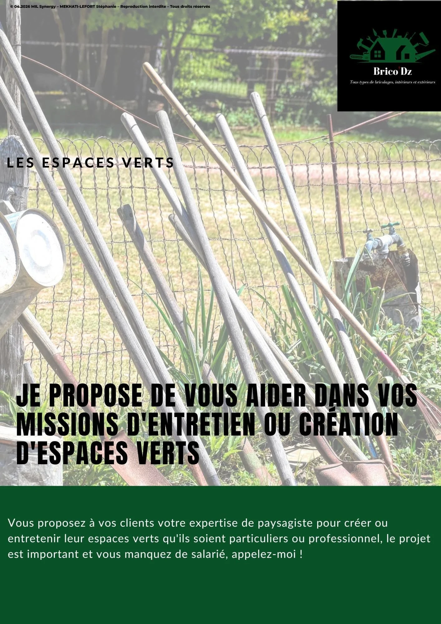 Flyer destiné aux professionnels, service jardinage. Recto. Fait via Canva par Mme MEKHATI-LEFORT Stéphanie dirigeante de MIL Synergy