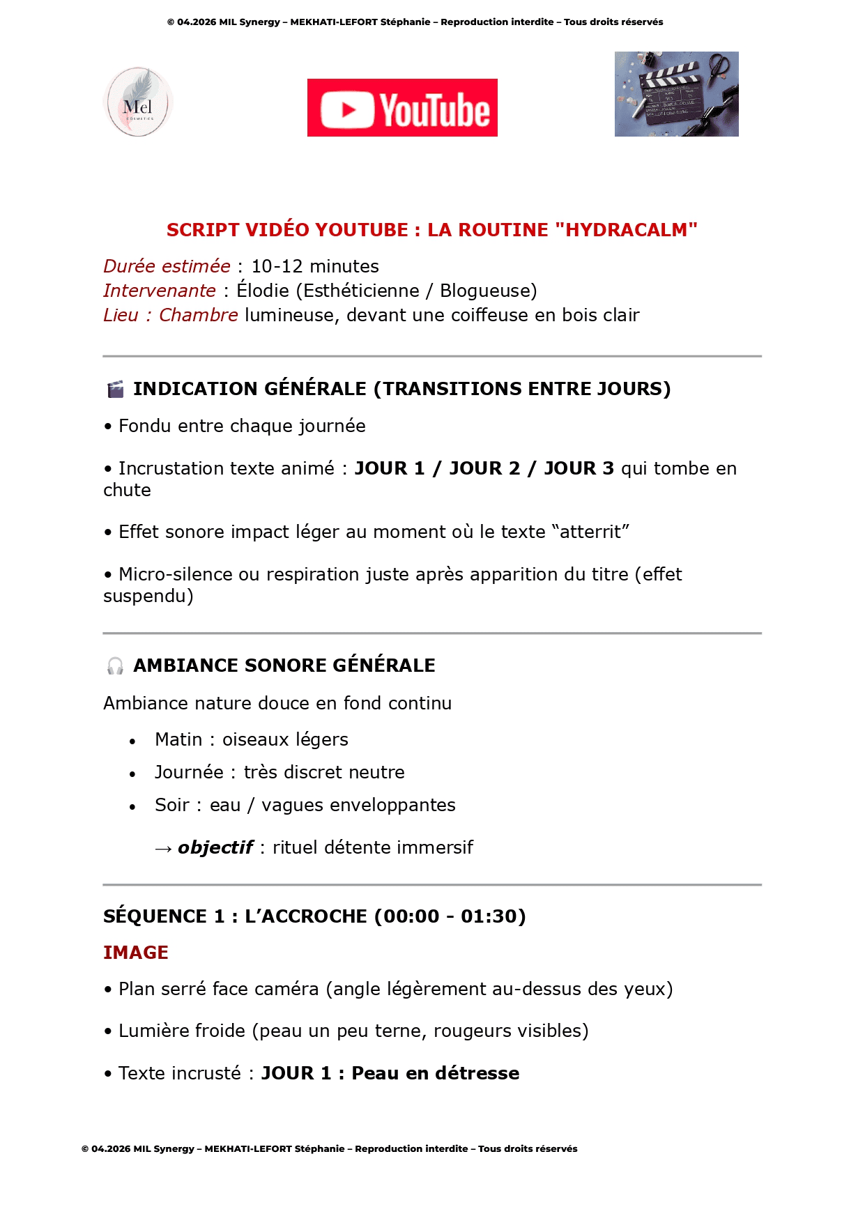 Portfolio : Script Youtube, Page 1. Par Stéphanie MEKHATI-LEFORT, dirigeante de MIL Synergy, Copywritrice certifiée.