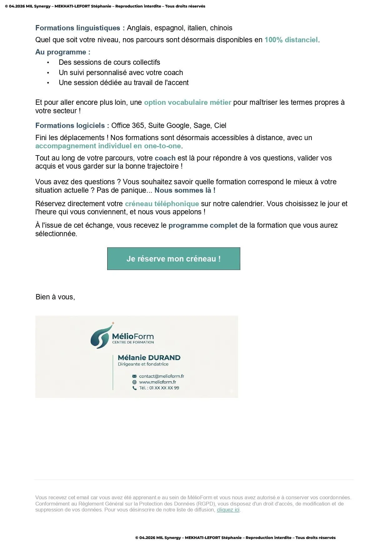 Portfolio : Mailing de fidélisation formation, Page 2. Par Stéphanie MEKHATI-LEFORT, dirigeante de MIL Synergy, Copywritrice certifiée.