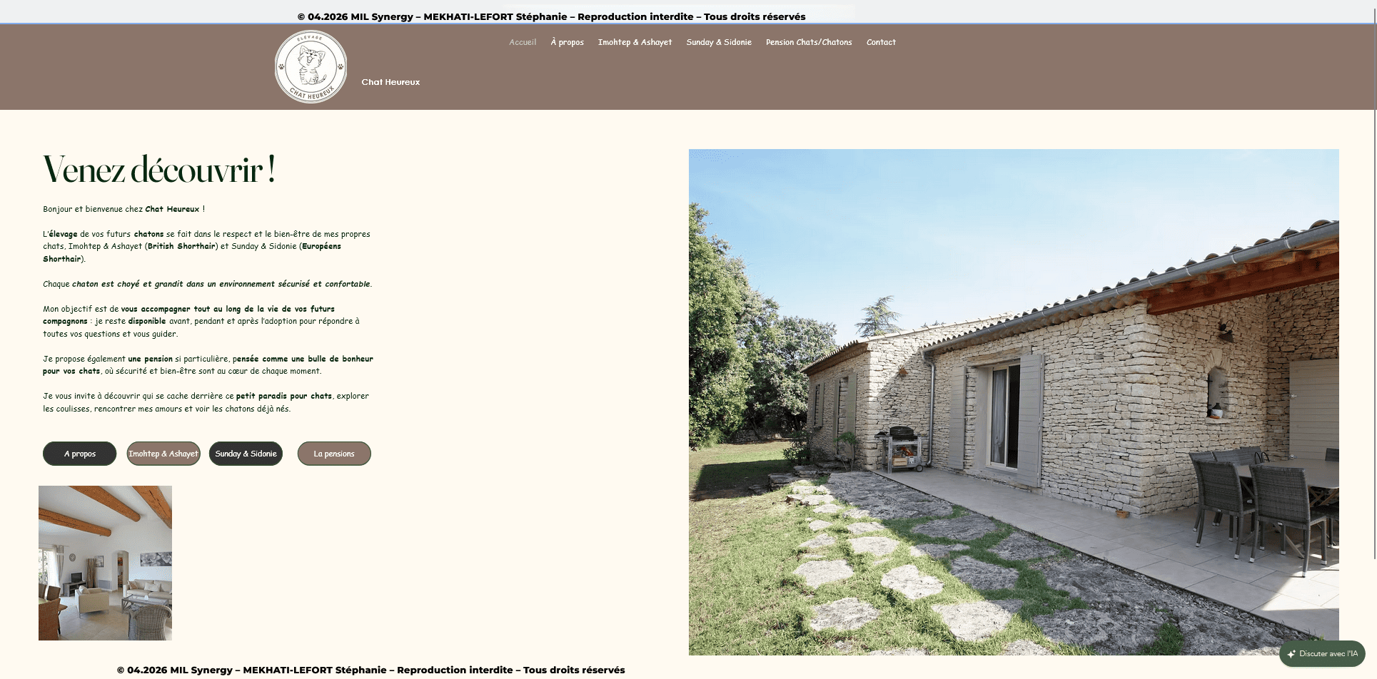 Portfolio : Page d'accueil à droite une photo d'une résidence, à gauche un texte d'accueil et en bas des boutons pour faciliter la navigation. Faite par Stéphanie MEKHATI-LEFORT, dirigeante de MIL Synergy, Copywritrice certifiée.
