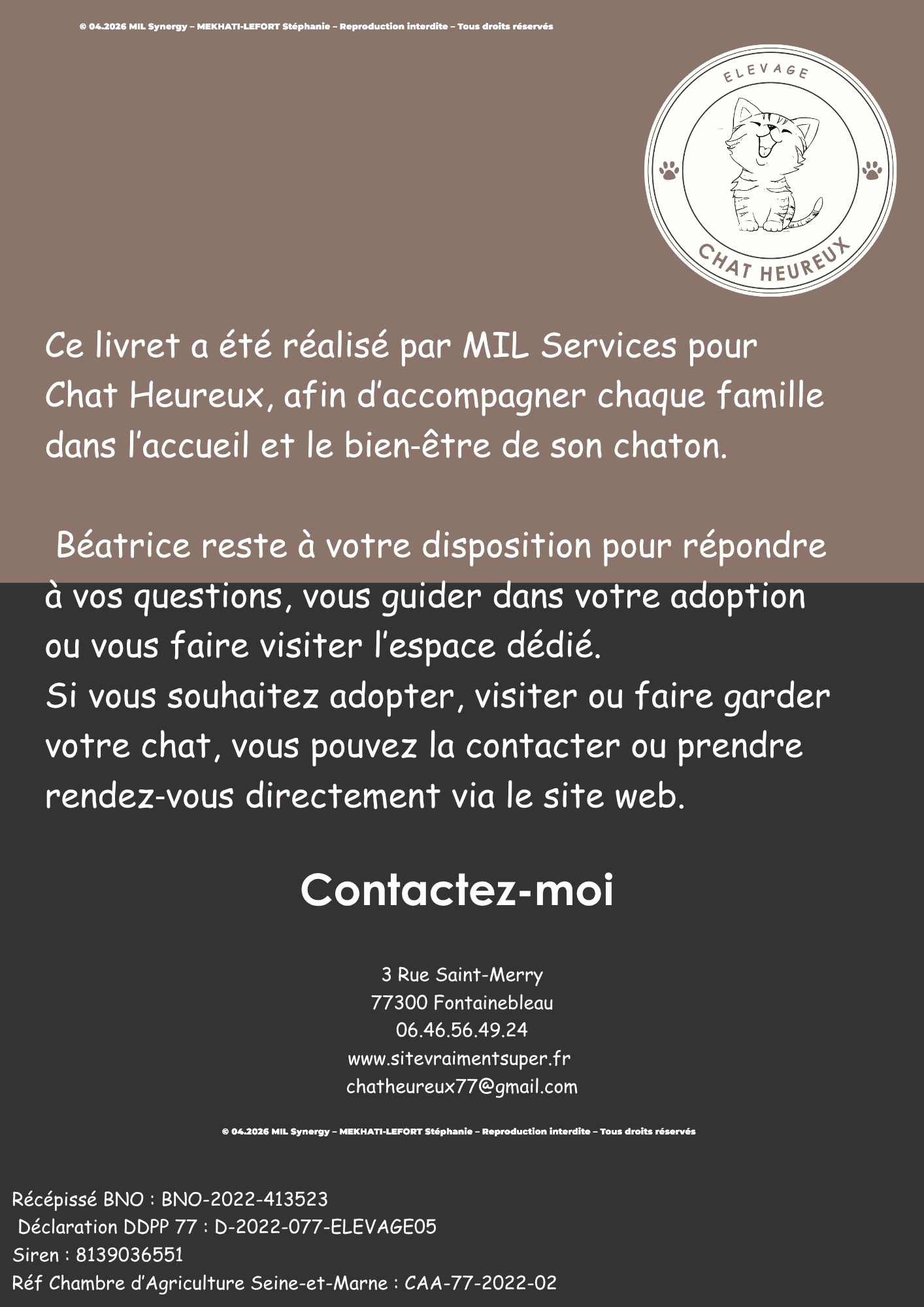 Portfolio Lead Magnet, dernière pageexplique sui a fait ce livret MIL Services (maintenant s'appelle MIL Synergy) mot de la fin pour l'éleveuse et coordonnées. Fait par Stéphanie MEKHATI-LEFORT, dirigeante de MIL Synergy, Copywritrice certifiée.