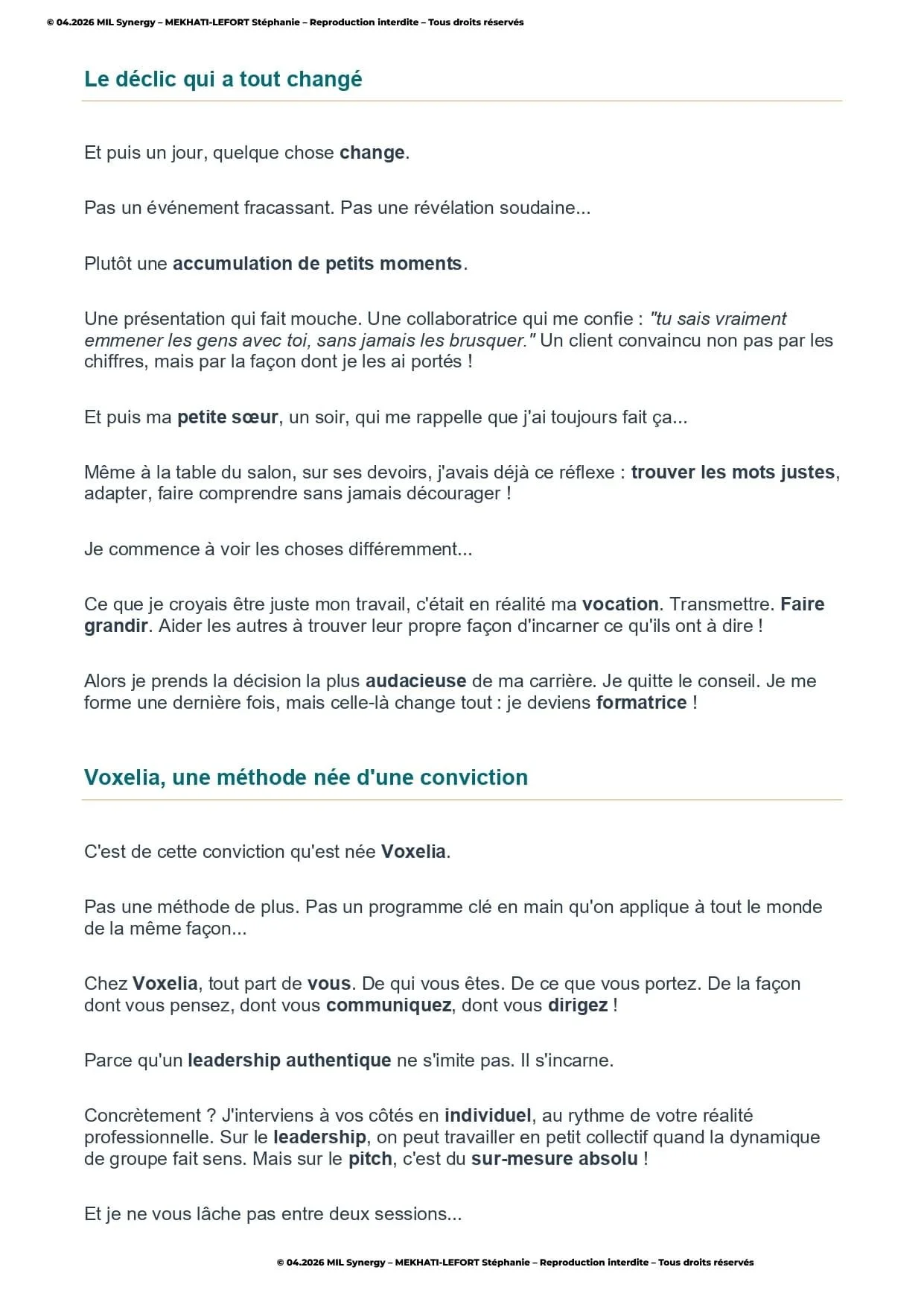 Portfolio : Page à propos, Page 2. Par Stéphanie MEKHATI-LEFORT, dirigeante de MIL Synergy, Copywritrice certifiée.