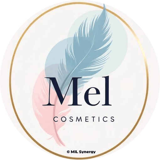Logo pour cosmétique créer par Stéphanie MEKHATI-LEFORT dirigeante de MIL Synergy, il est rond avec des couleurs pastel rose et bleu, en forme de médaillon avec une plume et contour doré.