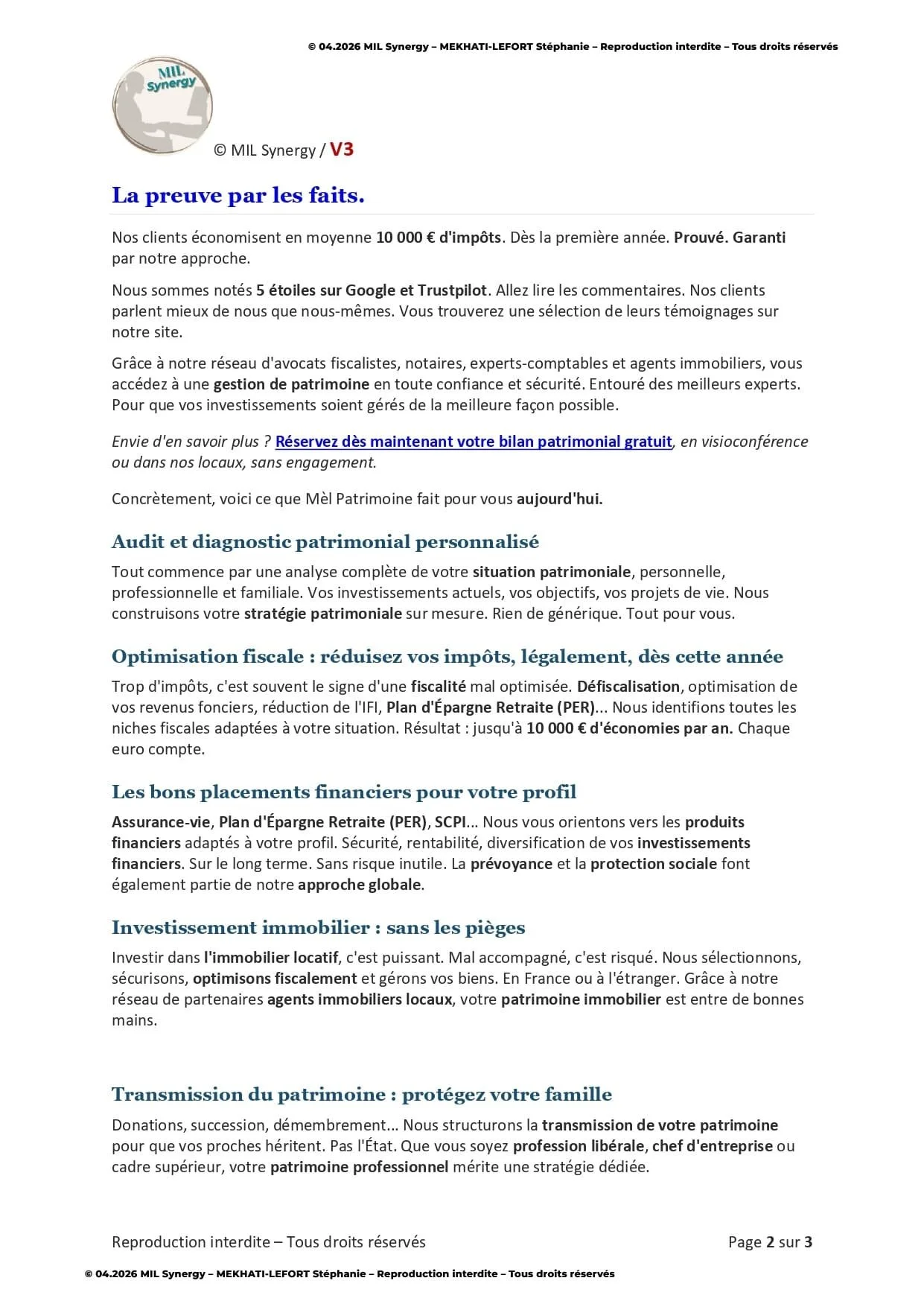 Portfolio : Page de vente V3, Page 2. Par Stéphanie MEKHATI-LEFORT, dirigeante Mil Synergy, Copywritrice certifiée.