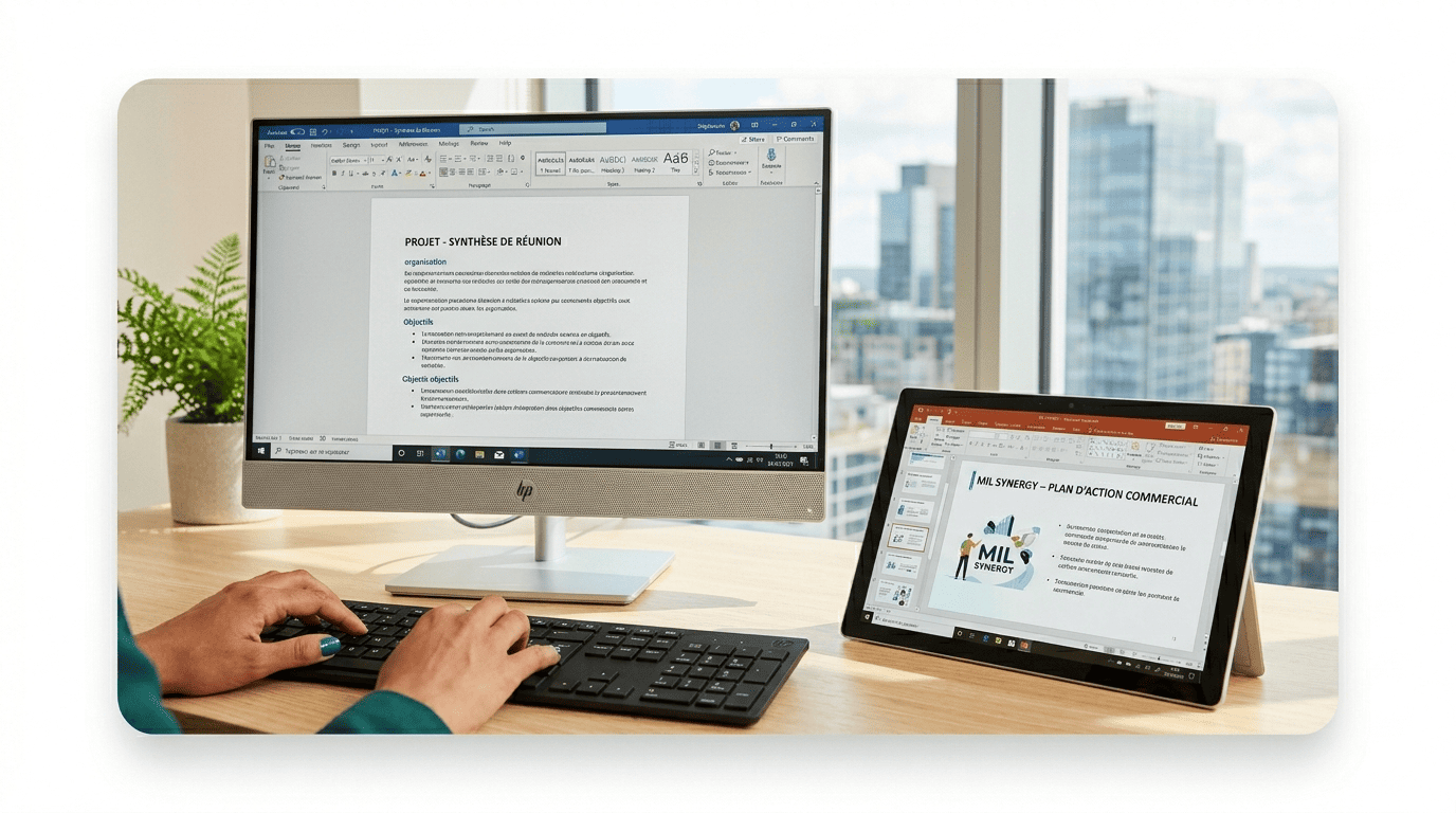 Le bureau de MIL Synergy avec Stéphanie MEKHATI-LEFORT qui est en pleine saisie de document à coté une tablette avec la préparation d'une présentation.