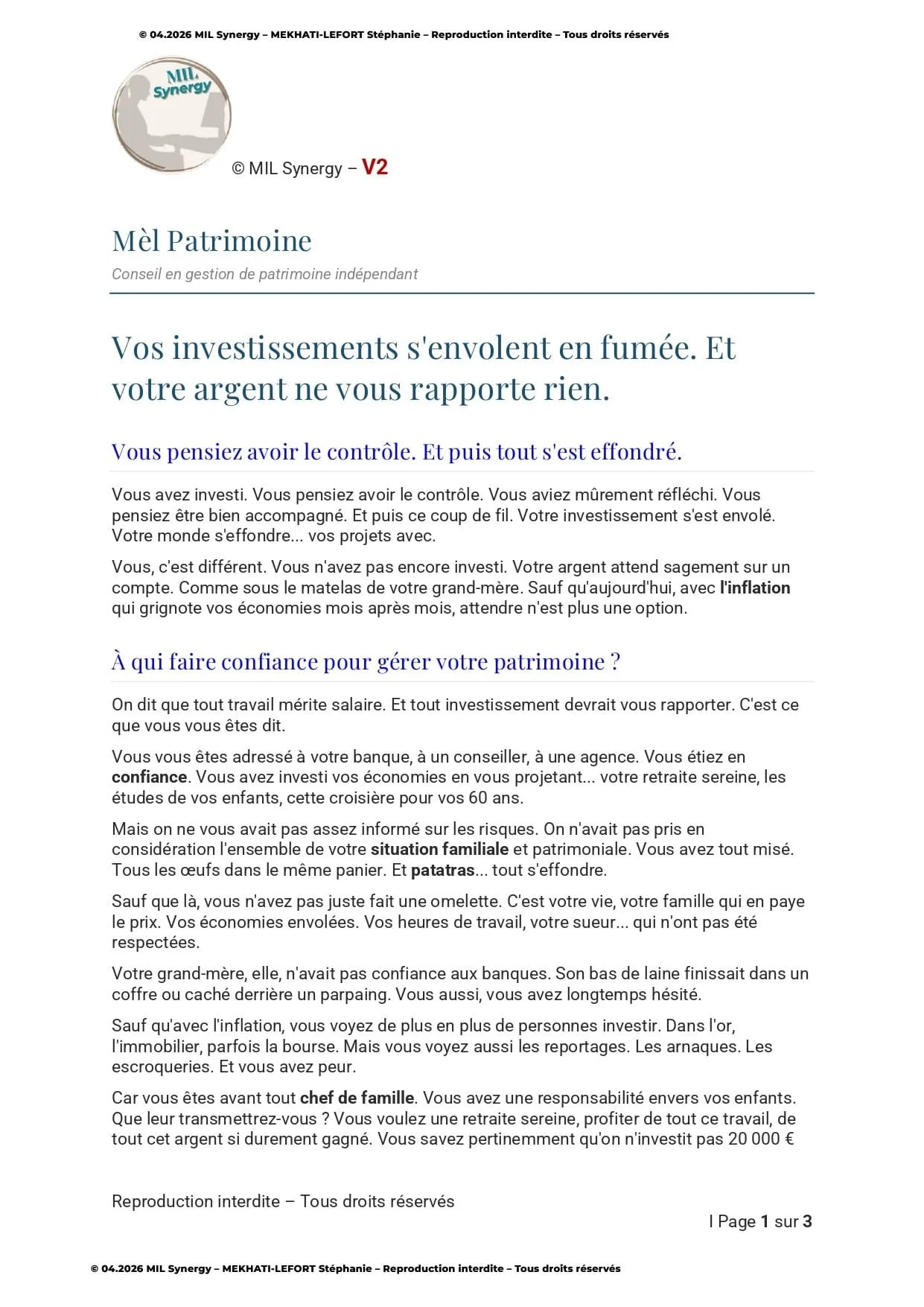 Portfolio : Page de vente V2, Page 1. Par Stéphanie MEKHATI-LEFORT, dirigeante Mil Synergy, Copywritrice certifiée.