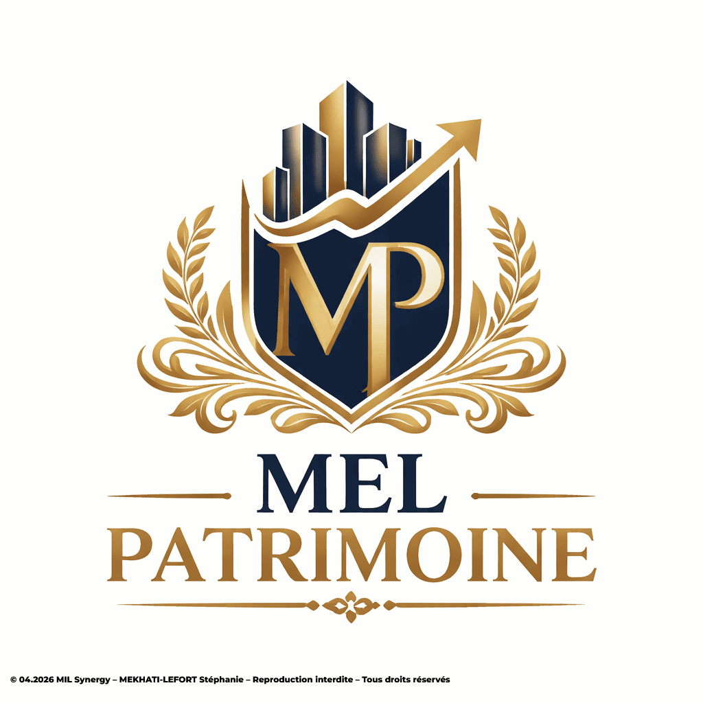 Logo pour gestion patrimoine, créé par Stéphanie MEKHATI-LEFORT dirigeante de MIL Synergy. Il est carré, fond blanc, au centre un symbolle comme des immeubles d'affaire l'image est doré avec du bleu foncé. Le tout symbolise l'excellence et protection