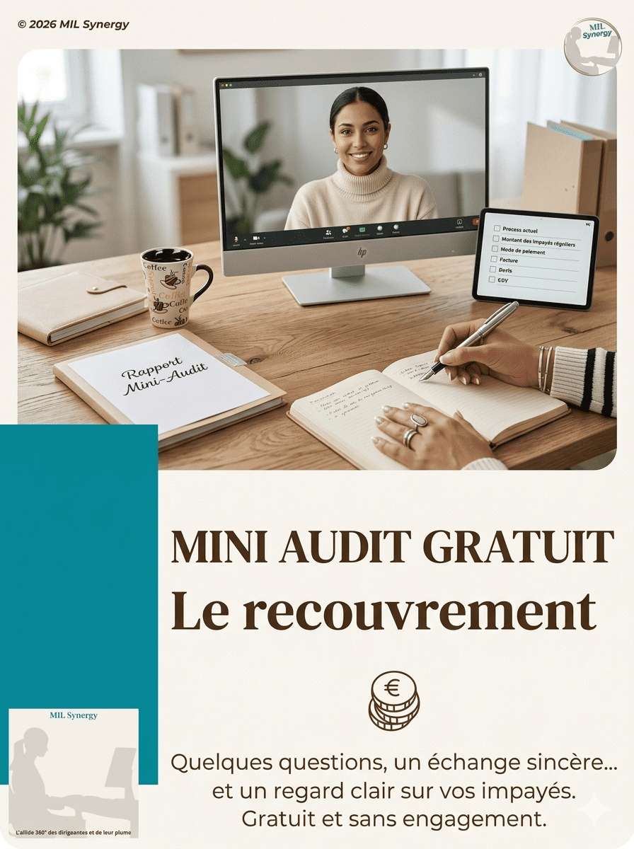 On voit le design des précédents guide offert par MIL Synergy mais là cela représente le mini-audit recouvrement fait par Stéphanie MEKHATI-LEFORT, précisément on voit l'échange en visioconférence.