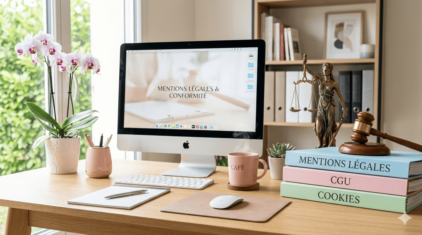 Dans cette image on voit un bureau moderne, simple, clair et lumineux, poser sur un bureau bois claire une orchidée, un pot à crayon, une tasse de café, 3 dossiers mentions légales, CGU, Cookies, ainsi que les symblole de la justice.