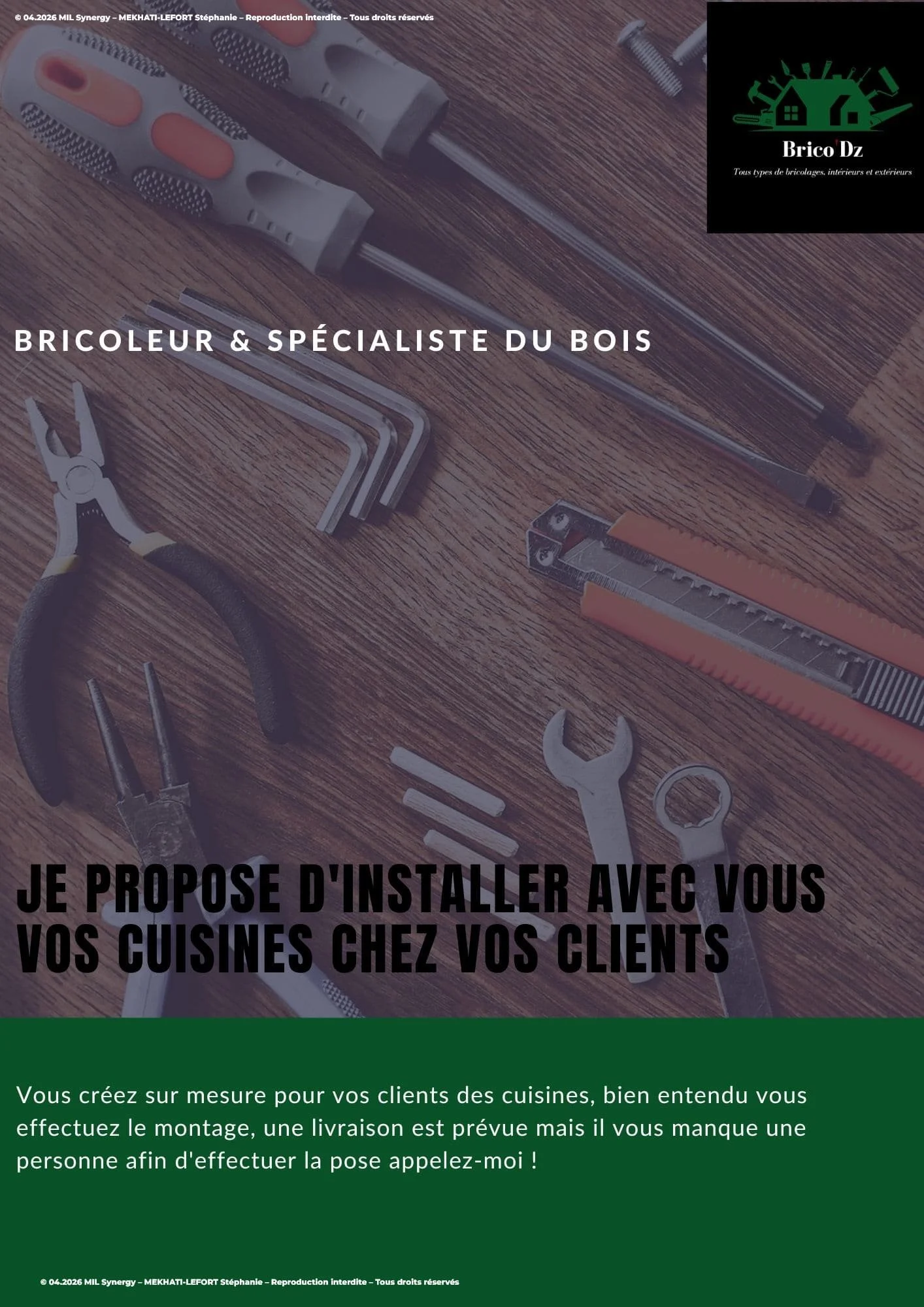 Plaquette destiné aux cuisiniste par une solopreneur du bricolage. Fait via Canva par Mme MEKHATI-LEFORT Stéphanie dirigeante de MIL Synergy (recto)