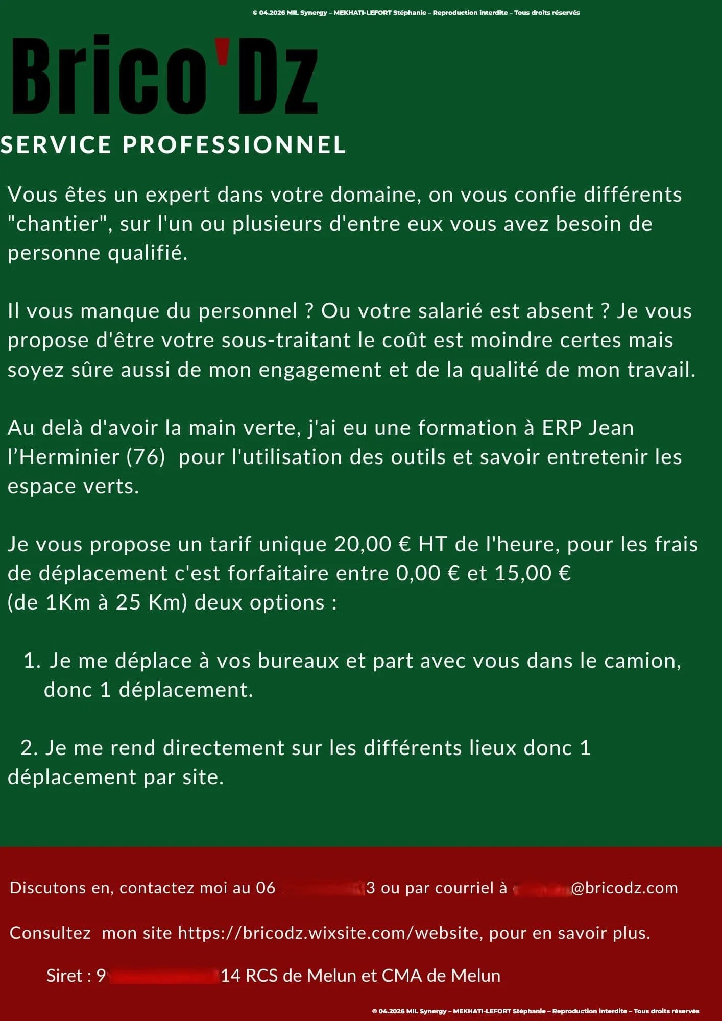 Verso du flyer destiné aux professionnels (paysagiste) par un solopreneur qui fait jardinnage. Fait via Canva par Mme MEKHATI-LEFORT Stéphanie dirigeante de MIL Synergy