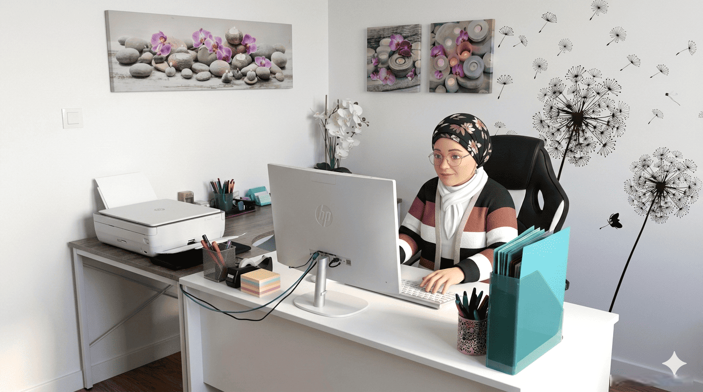 On voit de nouveau le vrai bureau de MIL Synergy avec cette fois l'avatar de Stéphanie MEKHATI-LEFORT. L'ambiance du bureau : Organisée, zen, féminin (orchidée, tableau, stickers et papillons)