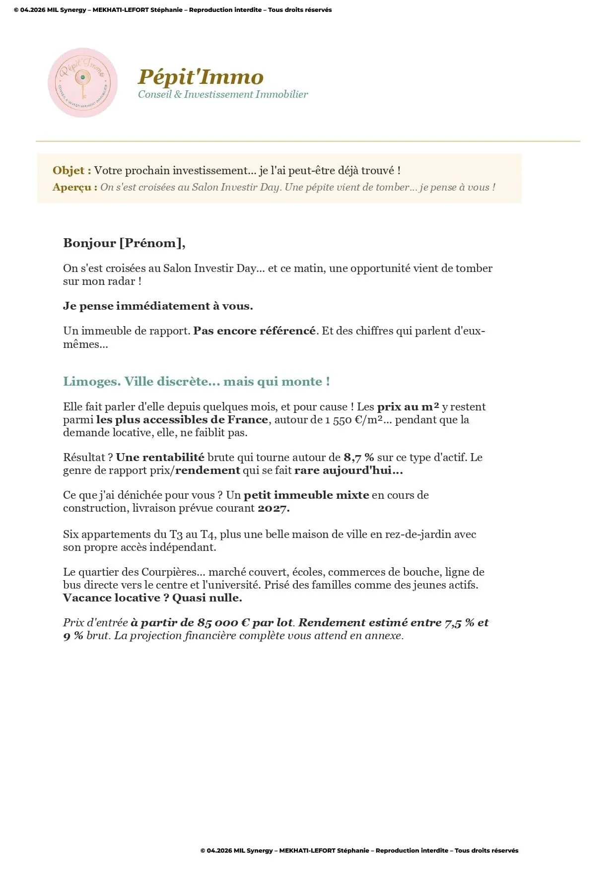 Portfolio : Mail prospection Investissement, Page 1. Par Stéphanie MEKHATI-LEFORT, dirigeante de MIL Synergy, Copywritrice certifiée.