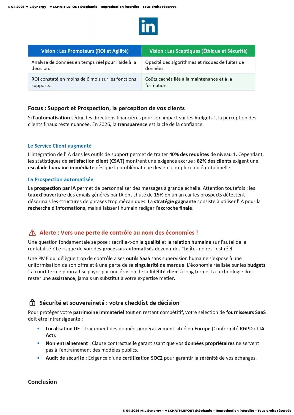 Portfolio : Article LinkedIn Page 2. Par Stéphanie MEKHATI-LEFORT, dirigeante Mil Synergy, Copywritrice certifiée.