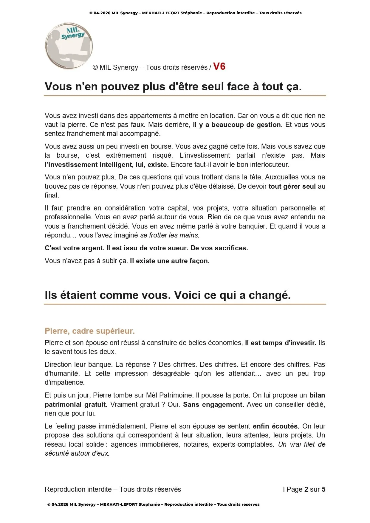 Portfolio : Page de vente V6, Page 2. Par Stéphanie MEKHATI-LEFORT, dirigeante Mil Synergy, Copywritrice certifiée.