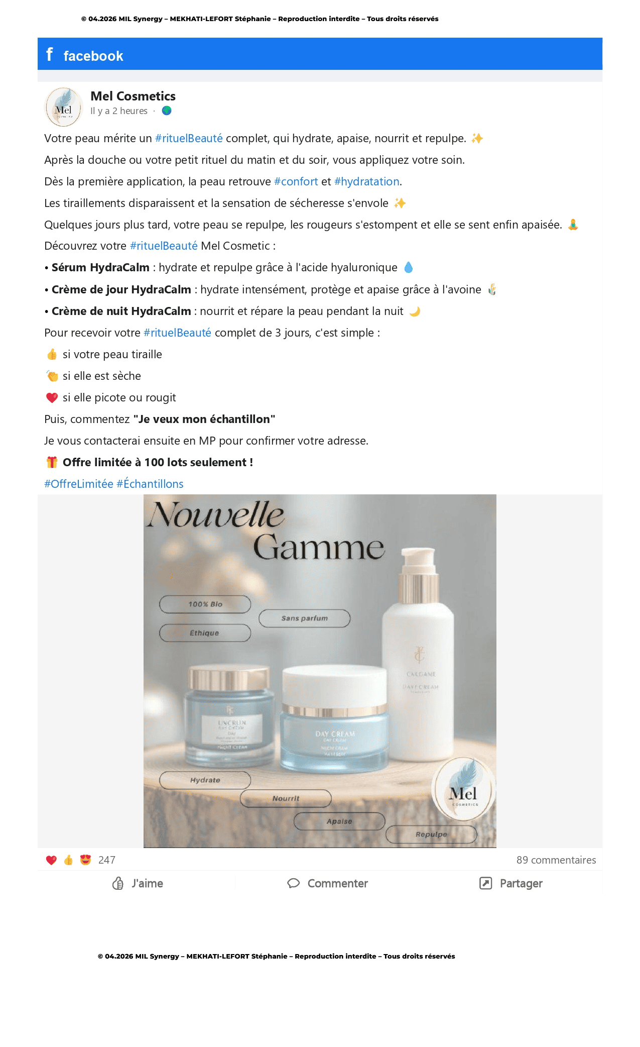 Portfolio : Post Facebook. Par Stéphanie MEKHATI-LEFORT, dirigeante de MIL Synergy, Copywritrice certifiée.