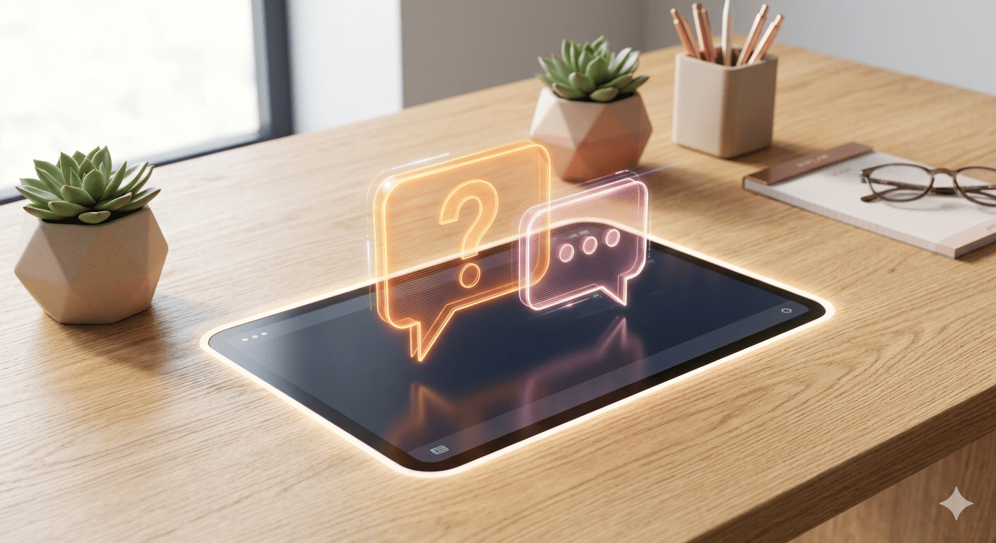 Bureau de MIL Synergy, bois claire avec une interface moderne une bulle holographique orange avec un point d'interrogation et une bulle holographique avec des points représentant la réponse.
