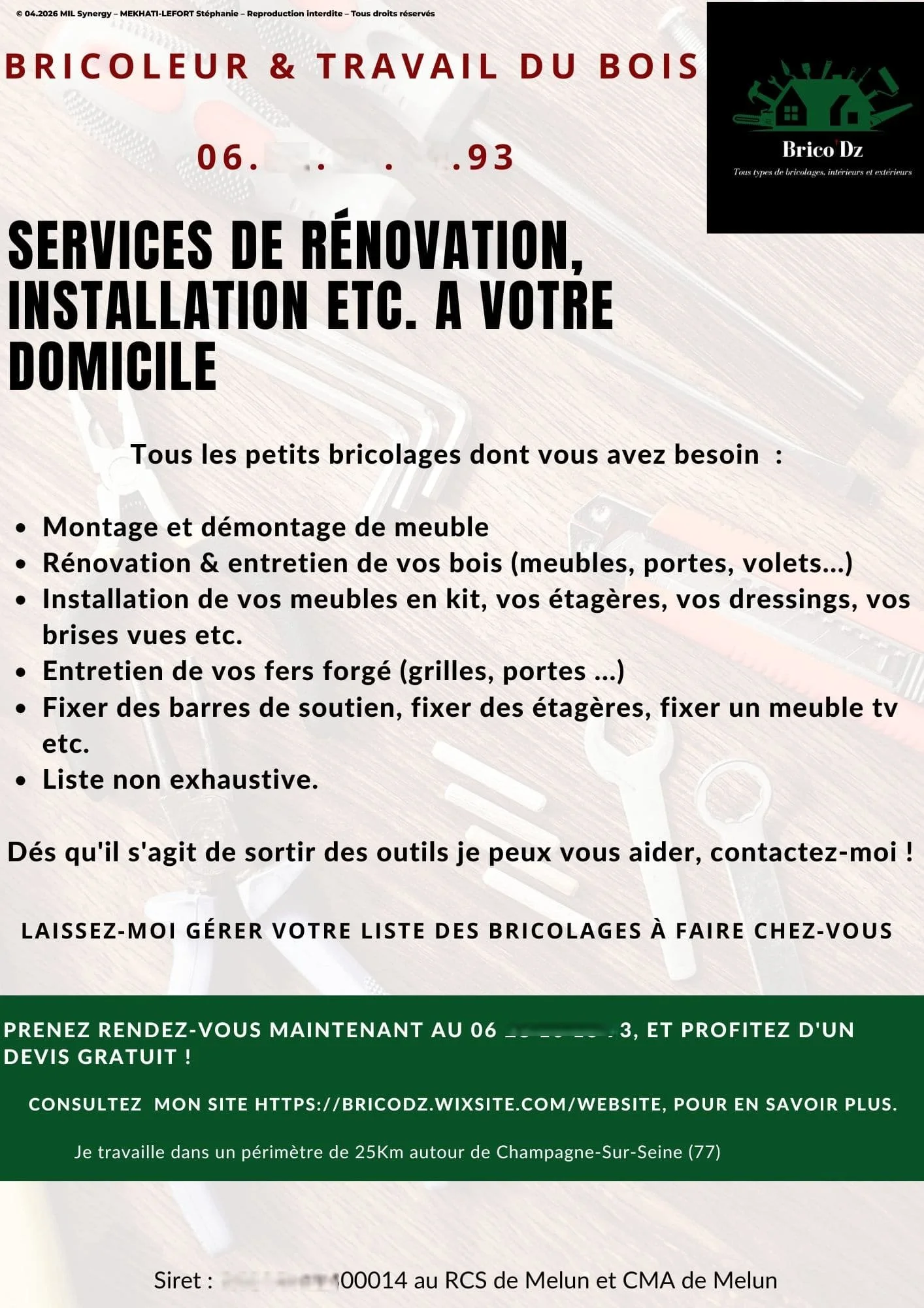 Flyer à imprimer et destiné au particulier. Créé pour un solopreneur qui fait du bricolage. Fait via Canva par Mme MEKHATI-LEFORT Stéphanie dirigeante de MIL Synergy
