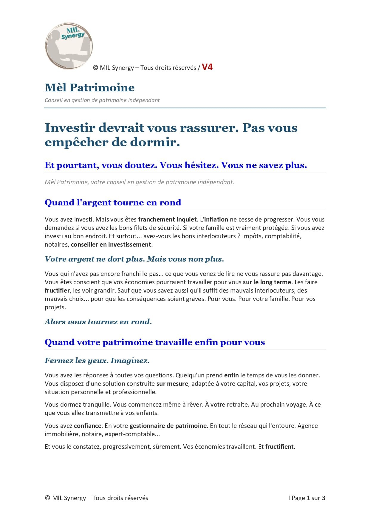 Portfolio : Page de vente V4, Page 1. Par Stéphanie MEKHATI-LEFORT, dirigeante Mil Synergy, Copywritrice certifiée.