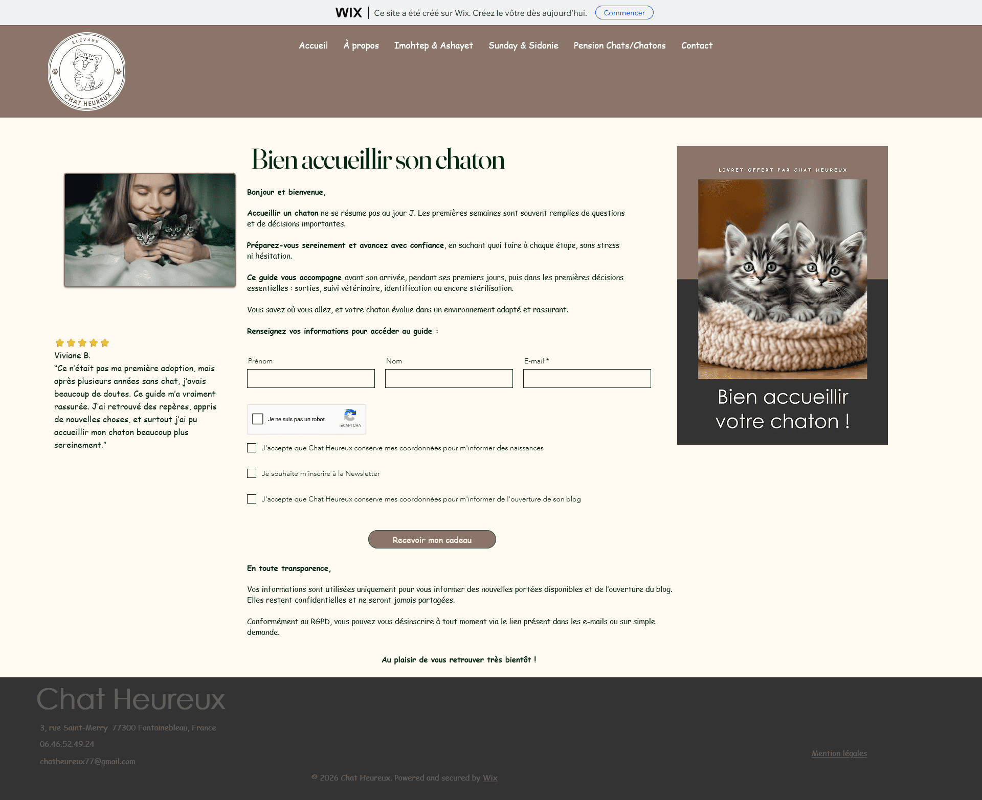 Portfolio : Landing page, il y-a un apperçu du livret à droite, à gauche un témoignage et au centre un texte explicatif et le formulaire. Faite pMEKHATI-LEFORT, dirigeante de MIL Synergy, Copywritrice certifiée.