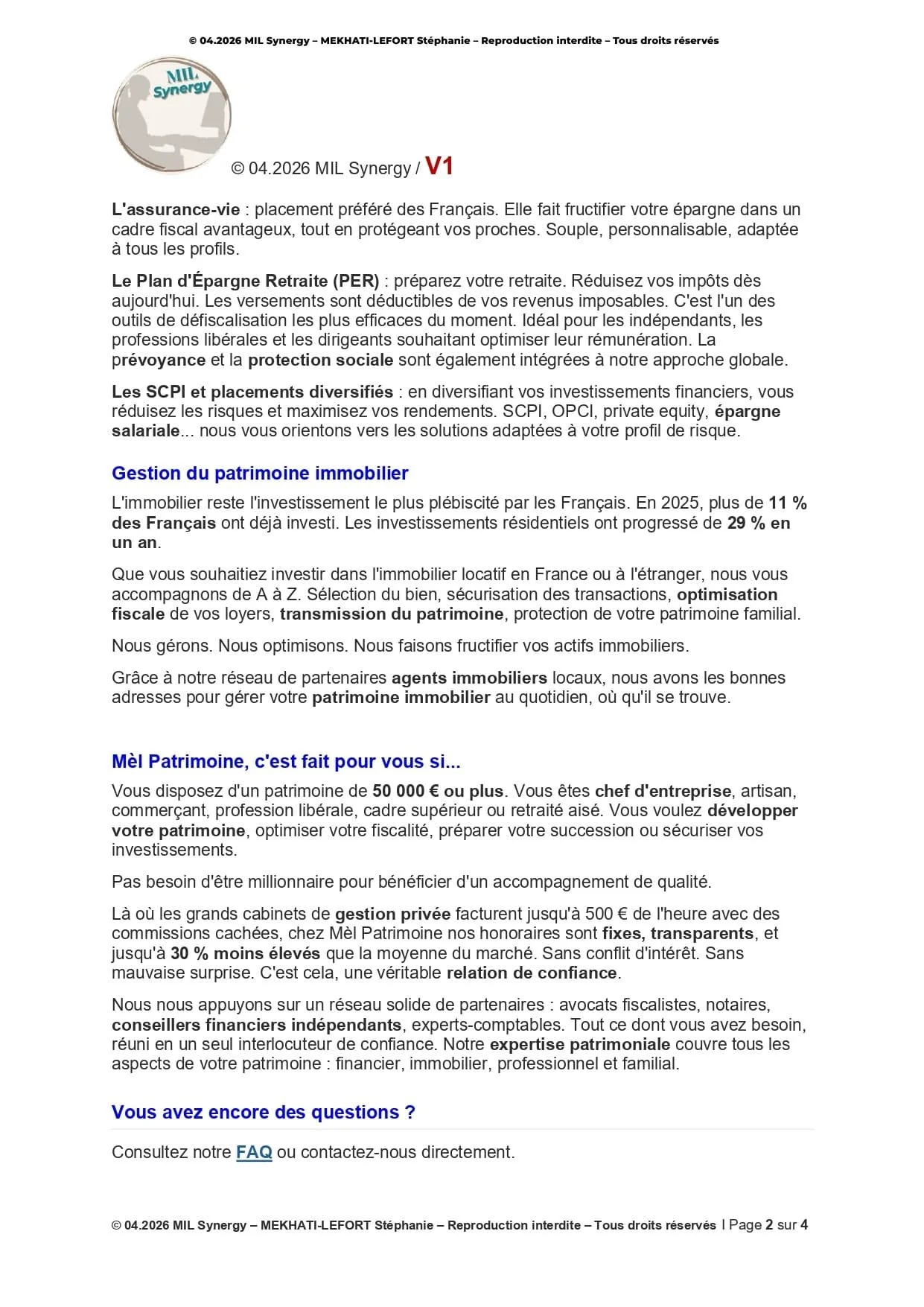 Portfolio : Page de vente V1, Page 2. Par Stéphanie MEKHATI-LEFORT, dirigeante Mil Synergy, Copywritrice certifiée.