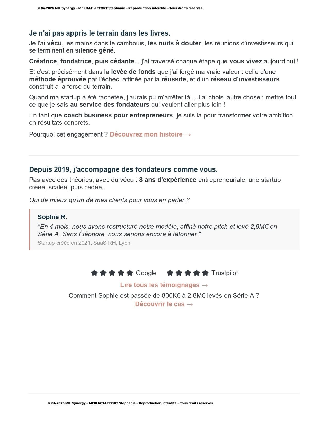 Portfolio : Page d'accueil, Page 2. Par Stéphanie MEKHATI-LEFORT, dirigeante de MIL Synergy, Copywritrice certifiée.