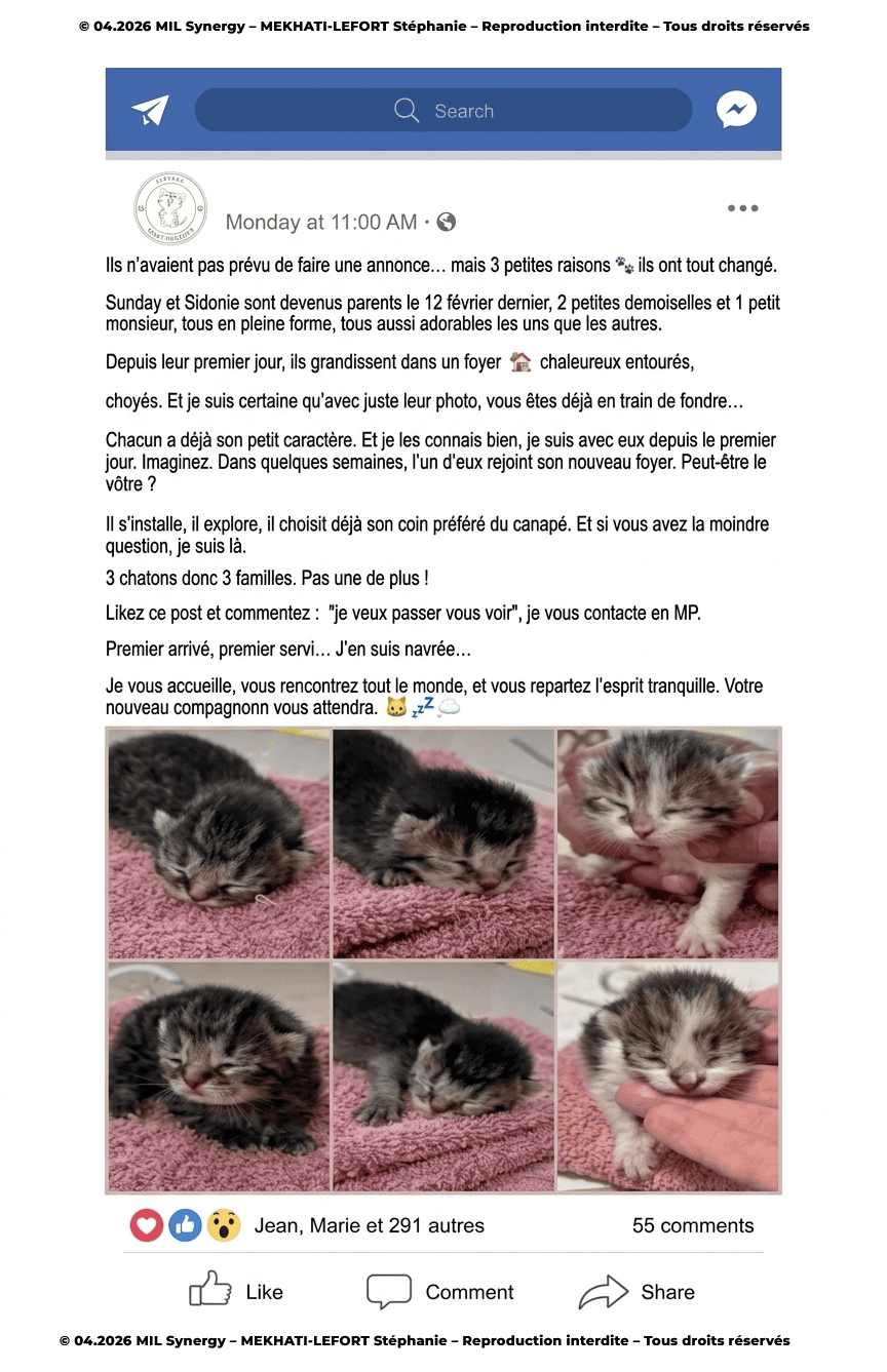 Portfolio dédié aux métiers liés aux animaux. C'est un post Facebook type faire part, avec la photos des chatons. Créé par Stéphanie MEKHATI-LEFORT, dirigeante de MIL Synergy, Copywritrice certifiée.