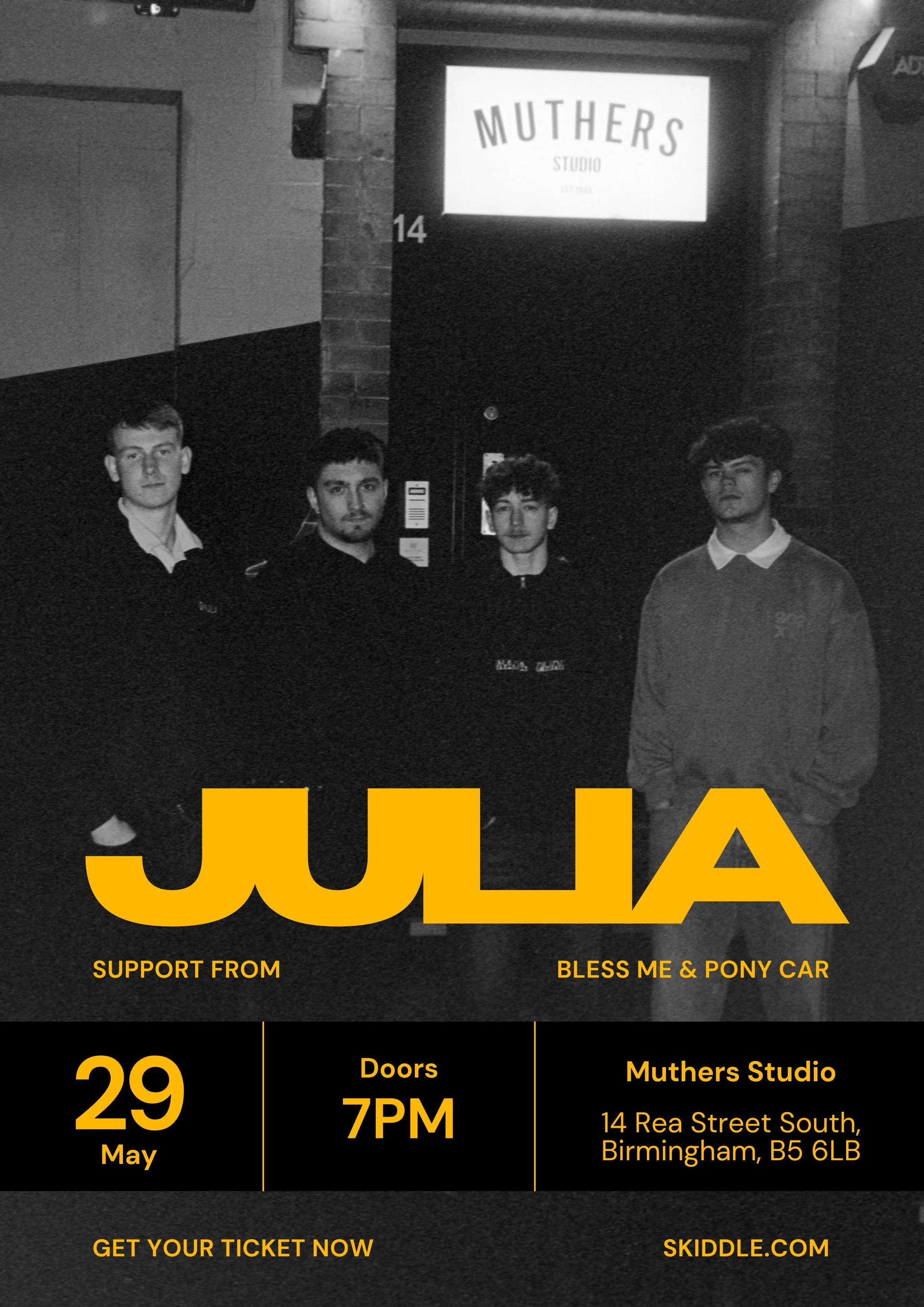 Event poster for a performance by Julia, supporting from Bless Me & Pony Car. The event is on May 29th, with doors opening at 7 PM, at Mothers Studio, 14 Rea Street South, Birmingham, B5 6LB.