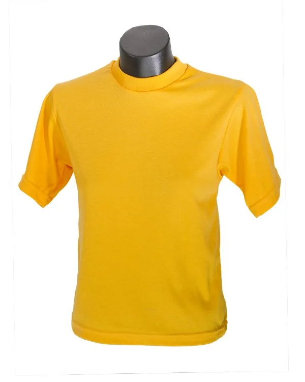 Yellow short-sleeve athletic T-shirt on a black mannequin torso.