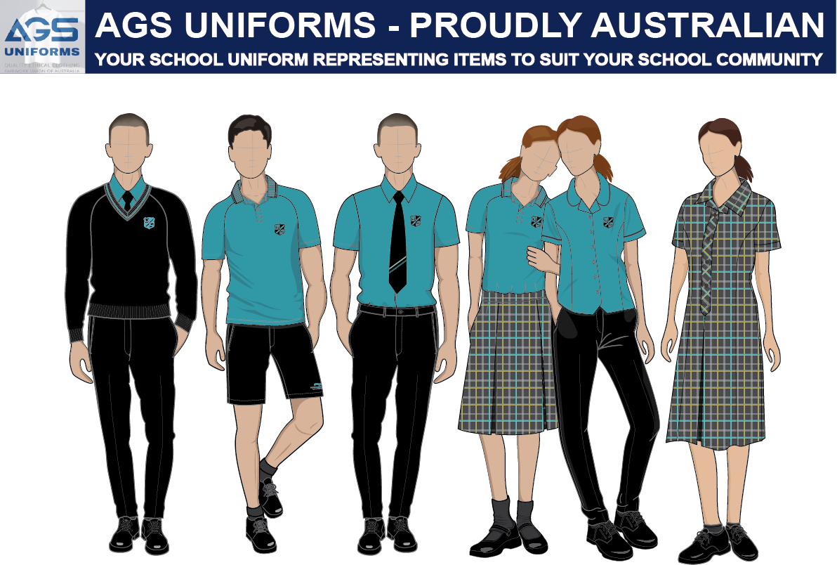 Illustration of students wearing Australian school uniforms, including polo shirts, skirts, dresses, pants, and ties, standing side by side against a black background, with a banner at the top that says 'AGS Uniforms - Proudly Australian'.