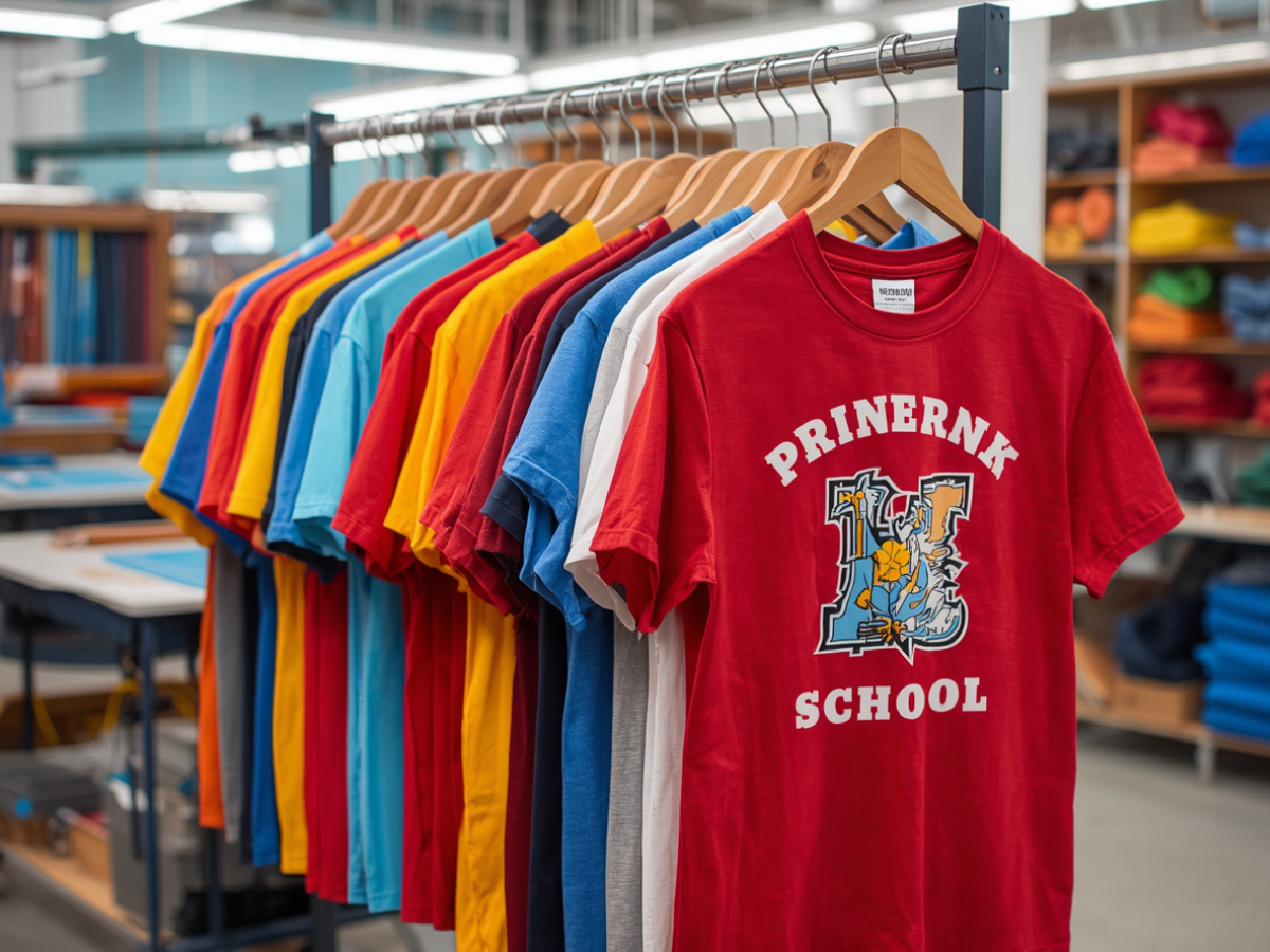 Children's T-shirts hanging on a rack in a clothing store, with a red T-shirt in the front featuring a graphic and the words 'PRINERNK SCHOOL'