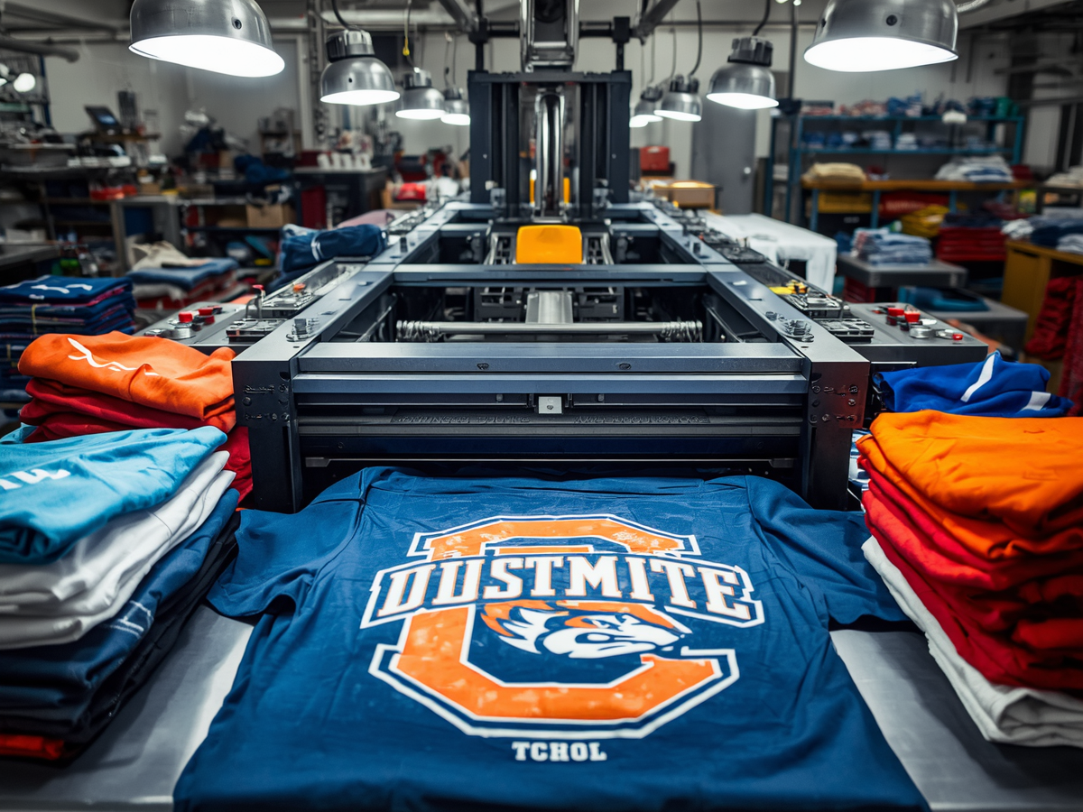 A large printing machine in a factory printing colorful t-shirts with a sports team logo for OUSTME TCHOL, surrounded by stacks of folded shirts in various colors.