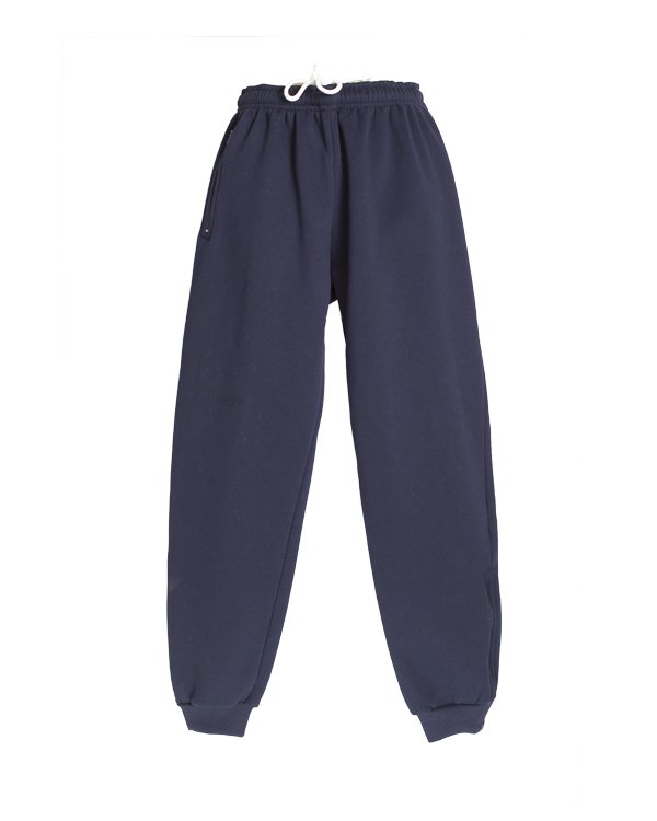 Pair of navy blue sweatpants with white drawstring and elastic cuffs.