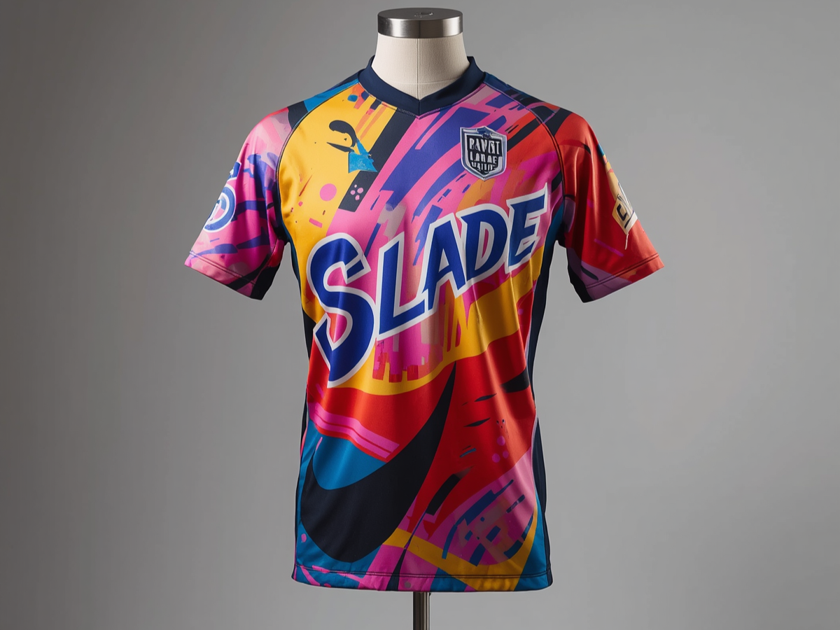 Colorful sports jersey with 'Slade' logo and various graphic designs displayed on a mannequin.