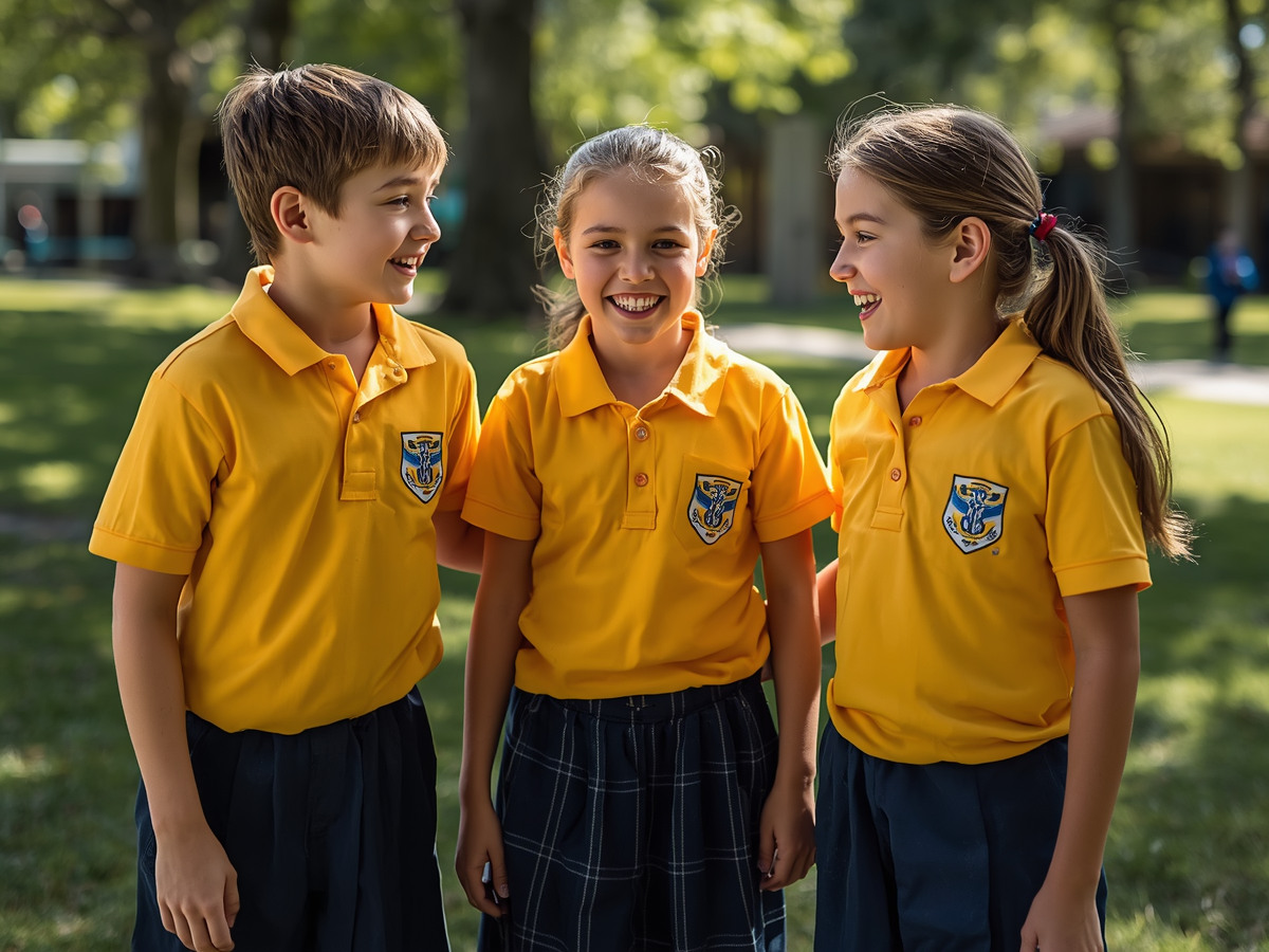 Three children in yellow school uniforms smiling and talking outdoors in a park.