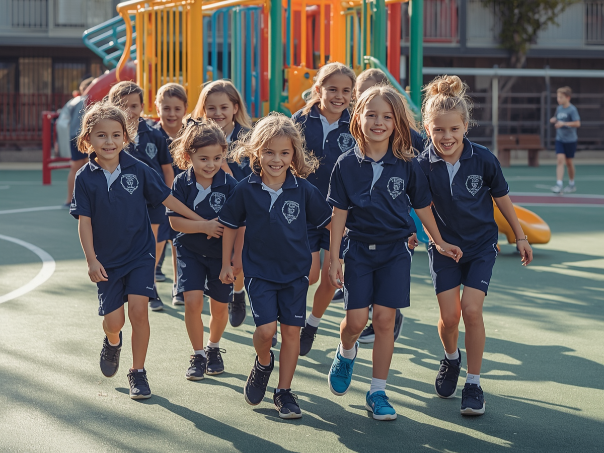 Group of young girls in navy blue school uniforms running and smiling on a school playground with play structures in the background.