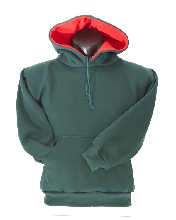Green hoodie with red lining inside the hood and a front pocket.