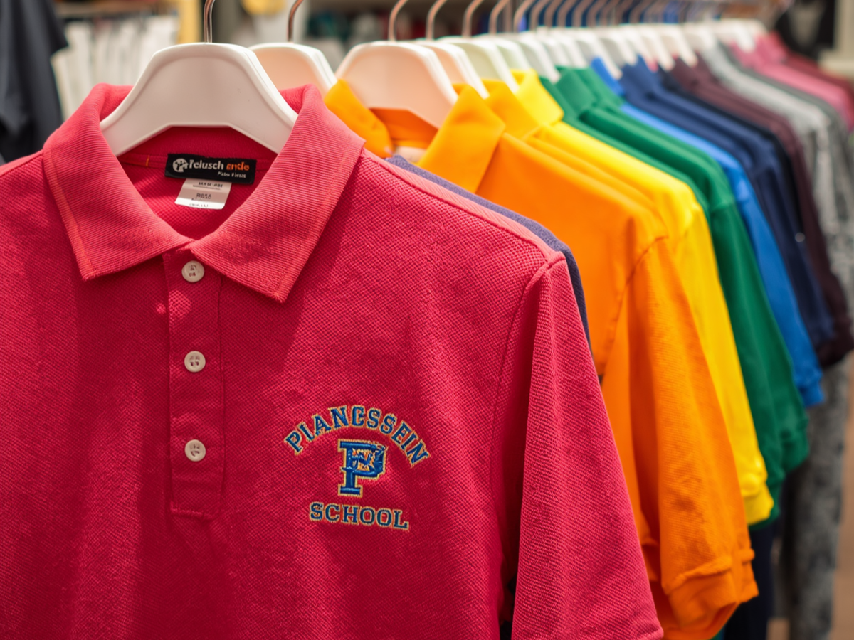 Colorful polo shirts hanging on a rack, with a red shirt in the foreground displaying an embroidered logo of PIANESIN SCHOOL.