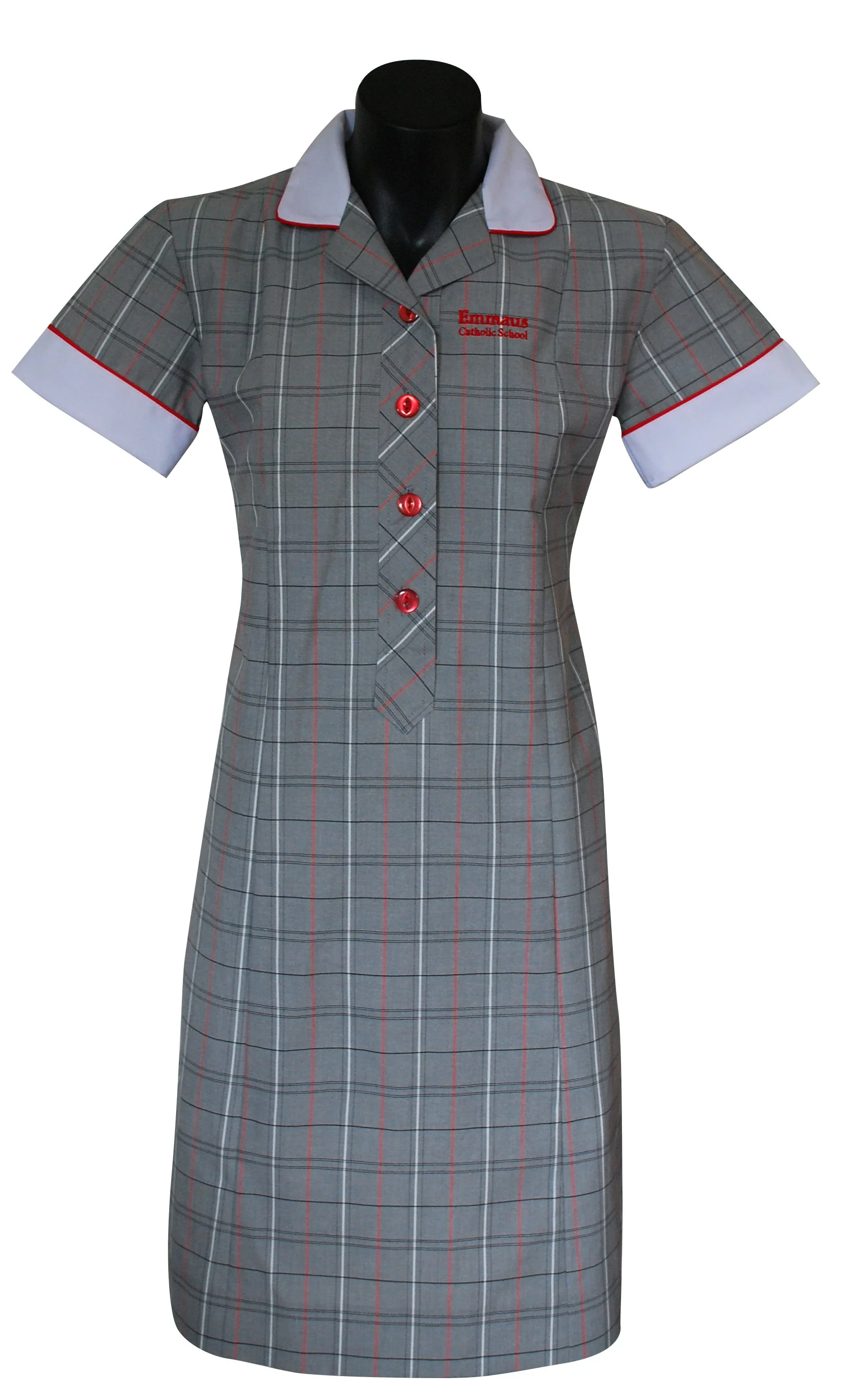 Gray plaid dress with red accents and white collar with red piping, embroidered with 'Emmaus Catholic School' on the chest.
