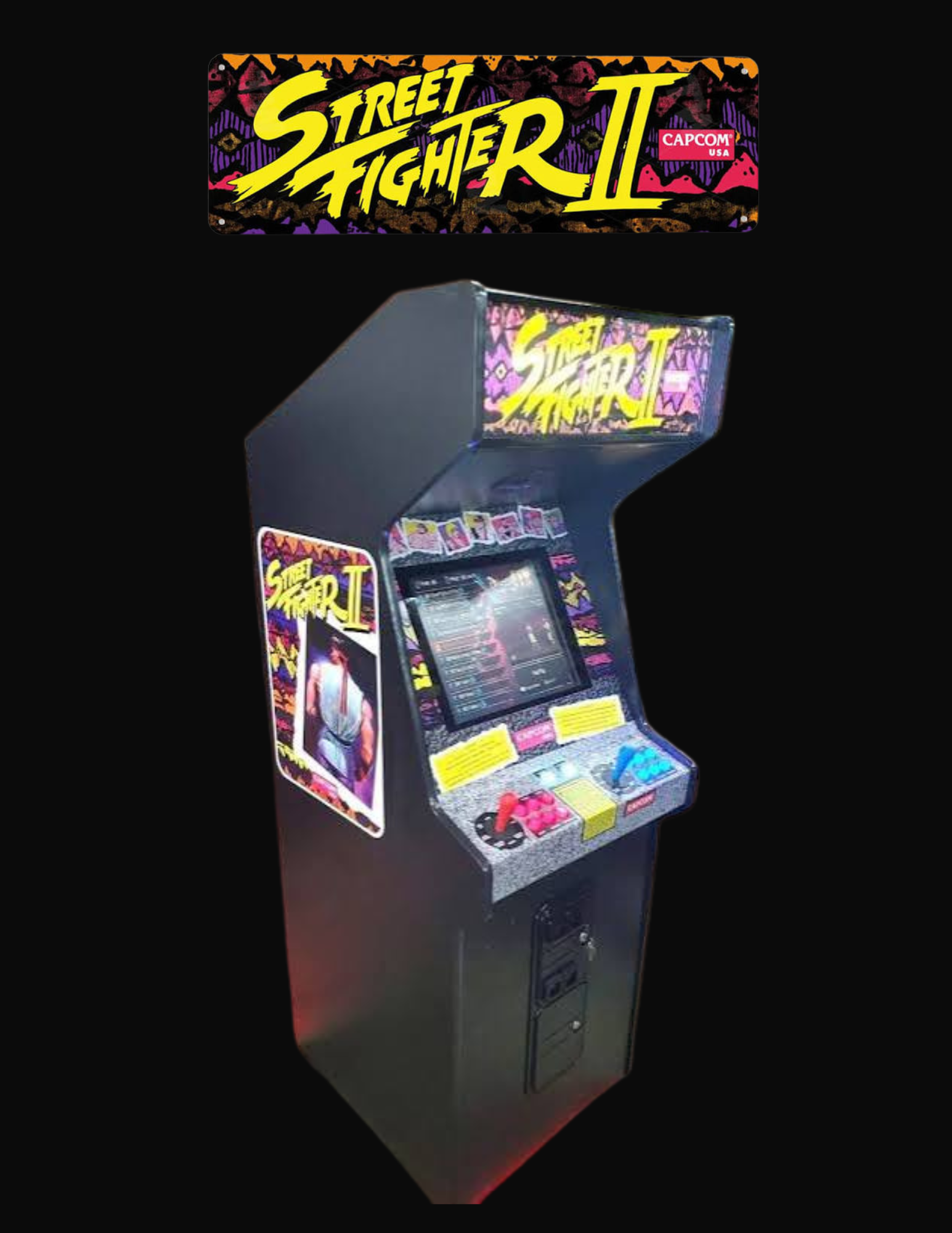 A vintage arcade game machine with 'Street Fighter II' branding, featuring a colorful design and control panel with buttons and a joystick.