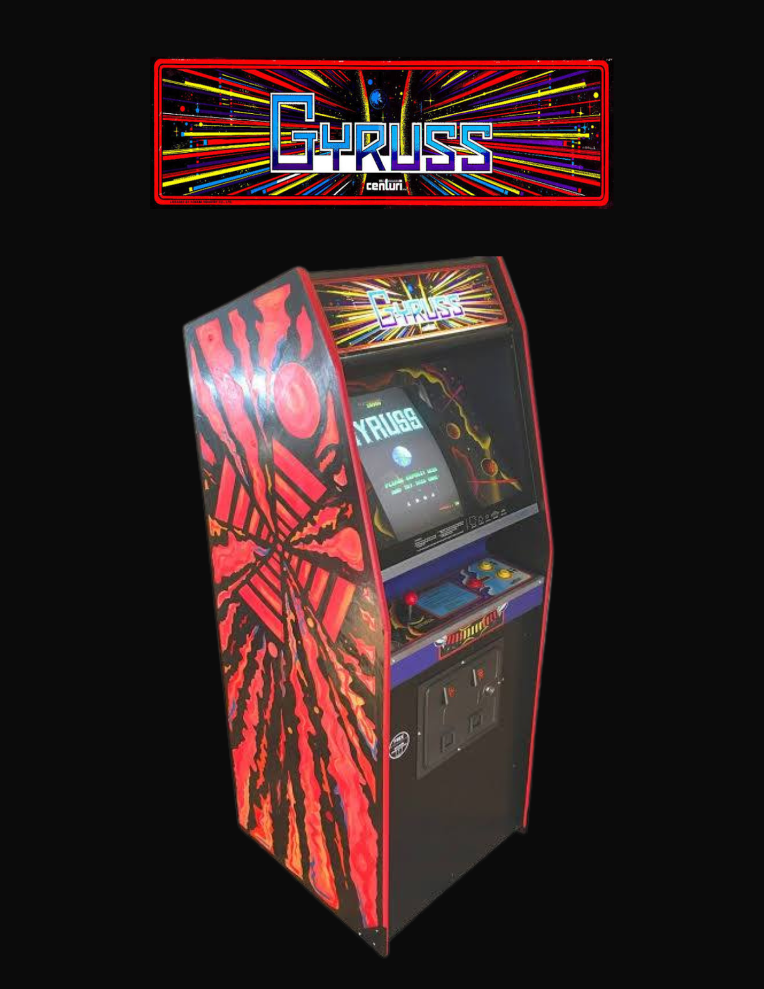 A vintage arcade game cabinet with colorful artwork and the word "GYRUSS" displayed on the screen, featuring a space-themed design with planets and stars.