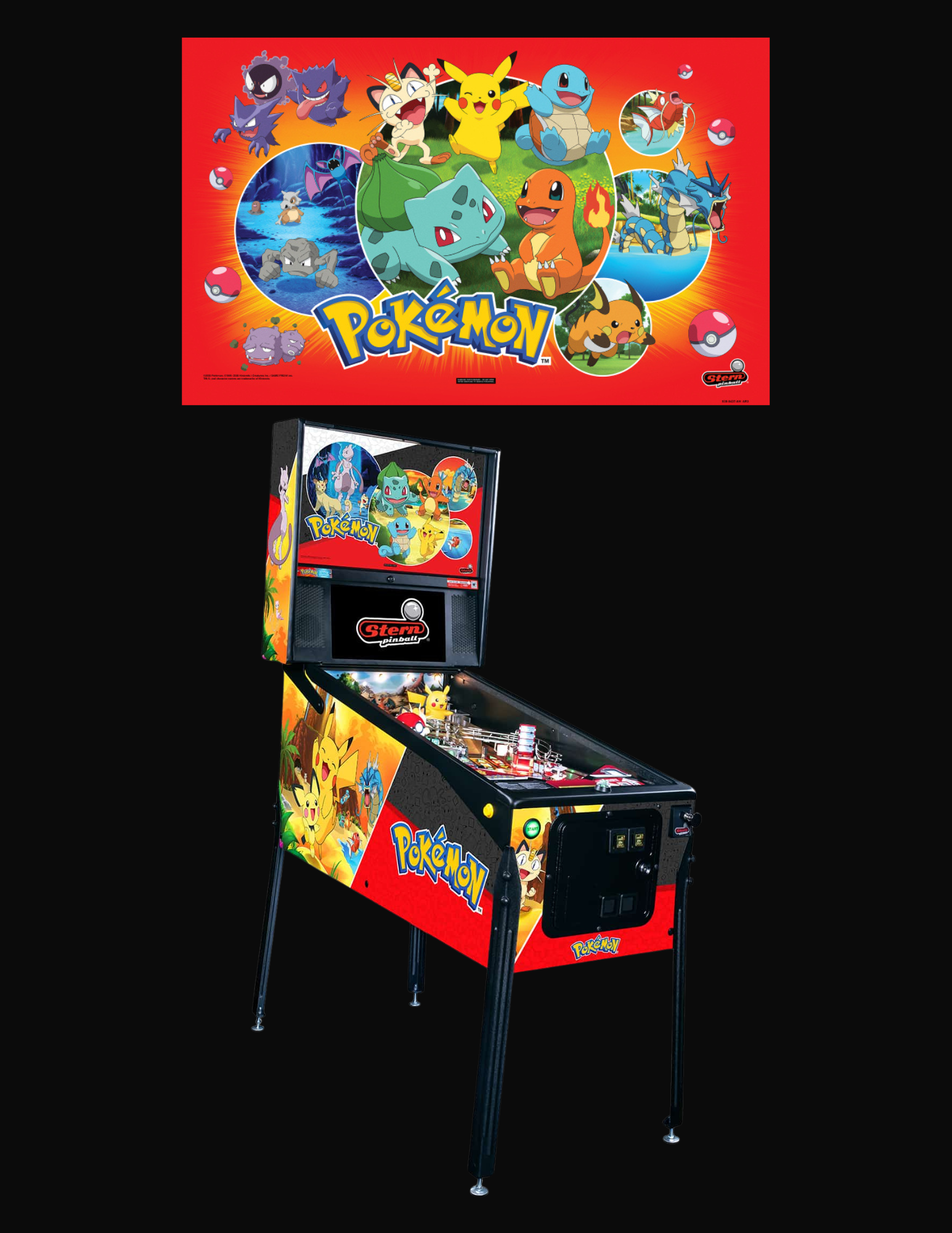 A Pokémon-themed pinball machine with colorful artwork of Pikachu, Squirtle, Charmander, and other Pokémon characters on the side and back glass.