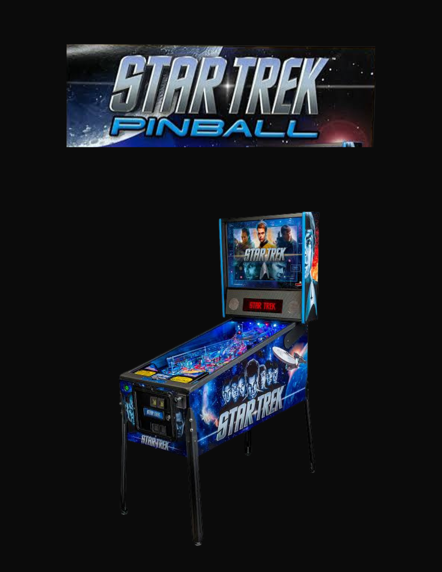 Star Trek themed pinball machine with space and starship graphics, featuring images of Star Trek characters on the backglass display.