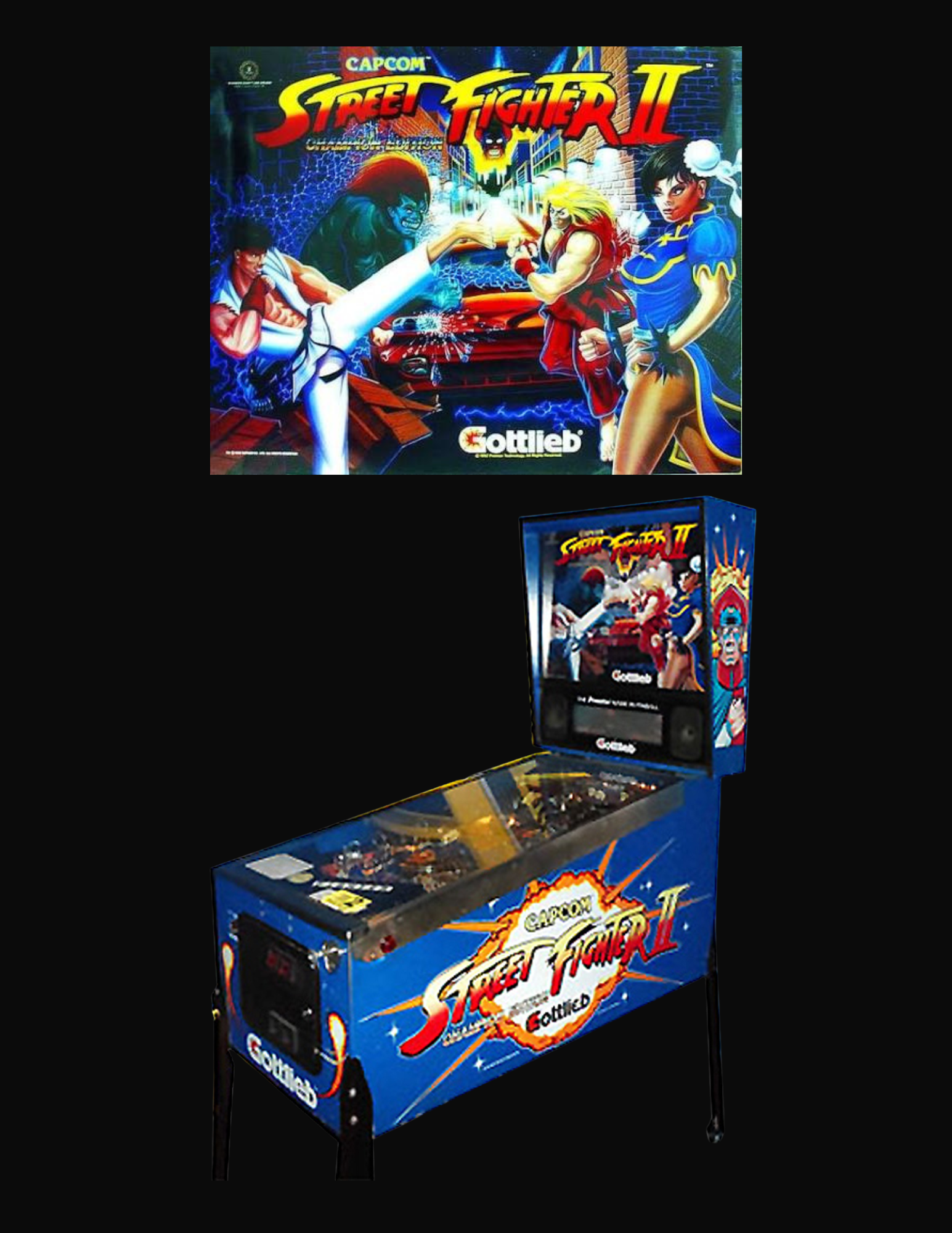 The image shows a vintage Street Fighter II arcade game machine with artwork of characters from the game on the sides and top, including Ryu, Chun-Li, and others, with a black background.