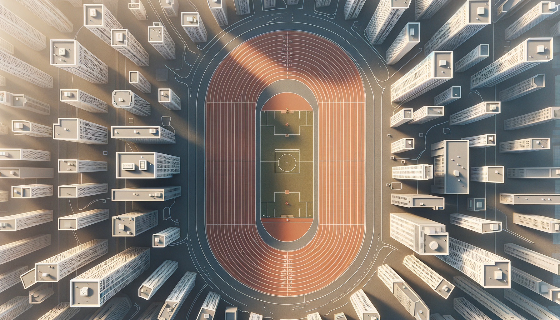 Een hoog perspectief van een sportveld en een atletiekbaan in een stad omringd door hoge gebouwen.