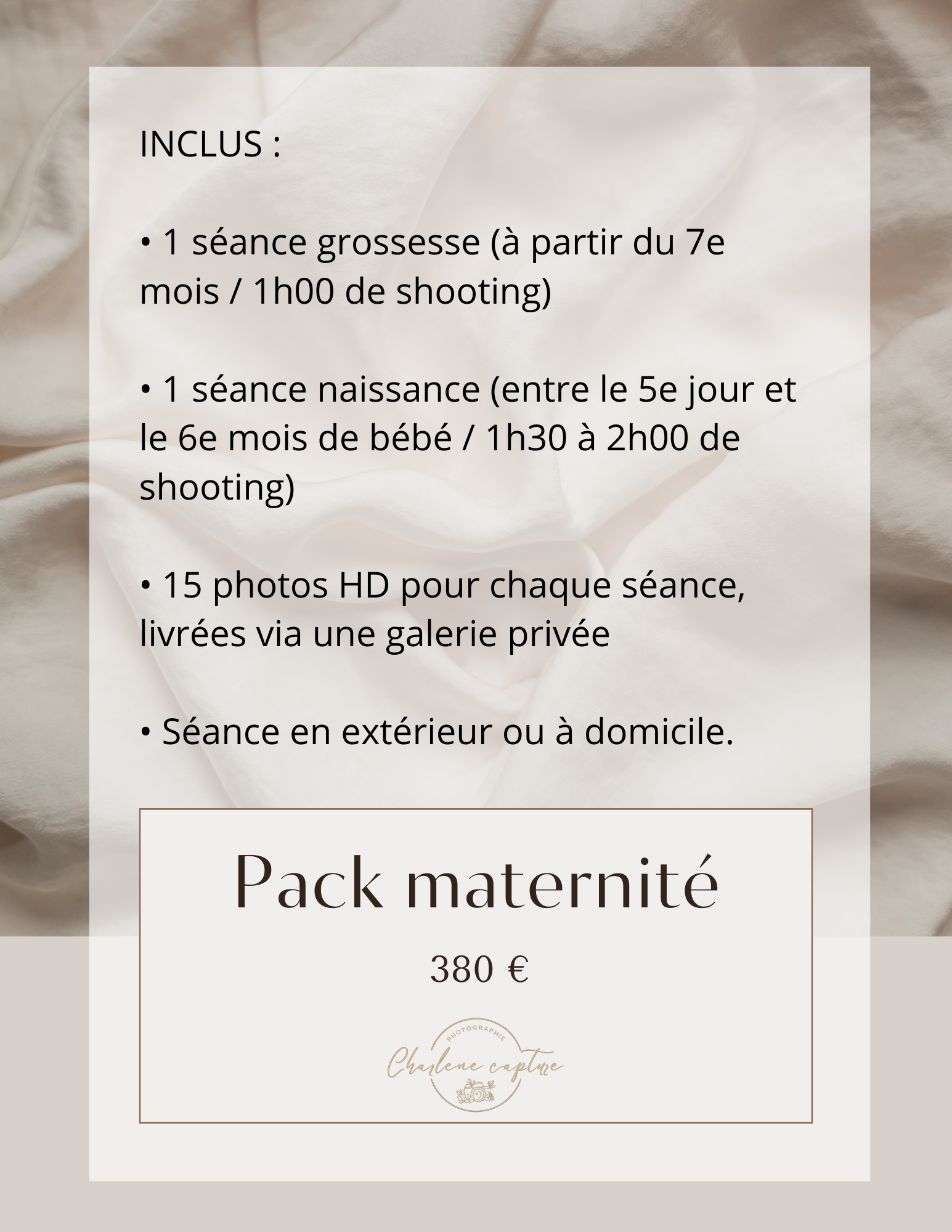 Une publicité pour un pack maternité à 380 €, comprenant une séance grossesse, une séance naissance, 15 photos HD, et une séance en extérieur ou à domicile.