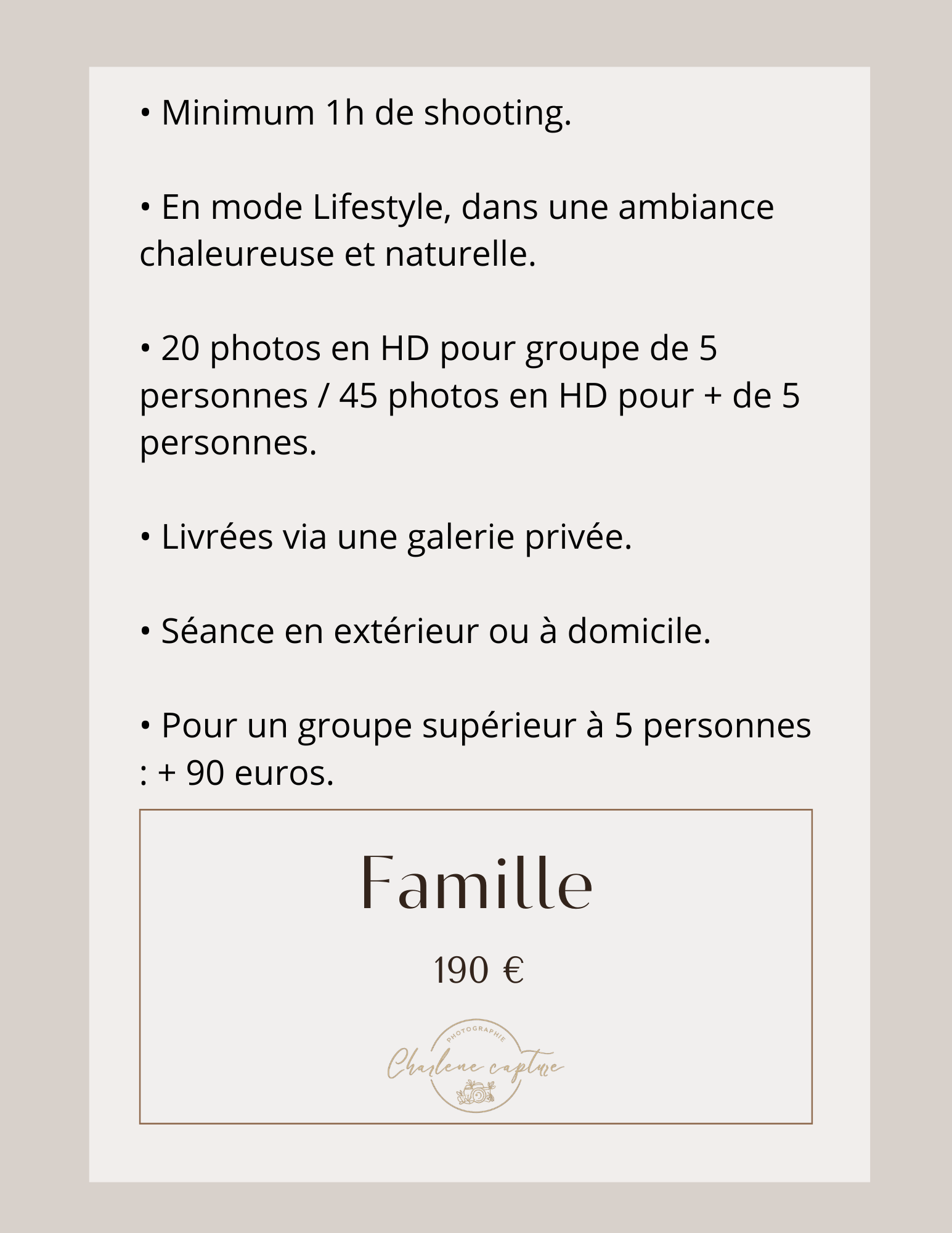 Une affiche avec des instructions pour une séance photo en extérieur, incluant des conditions telles qu'une durée minimum d'une heure, un mode lifestyle dans une ambiance chaleureuse, et un prix de 190 euros. La partie inférieure indique une marque ou un logo, mais il n'est pas complètement visible.