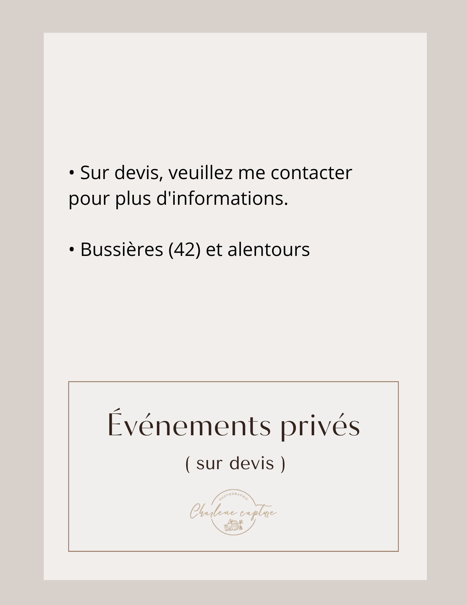 Page de flyer ou d'affiche annonçant des évènements privés avec devis, contact, et localisation à Bussières (42).